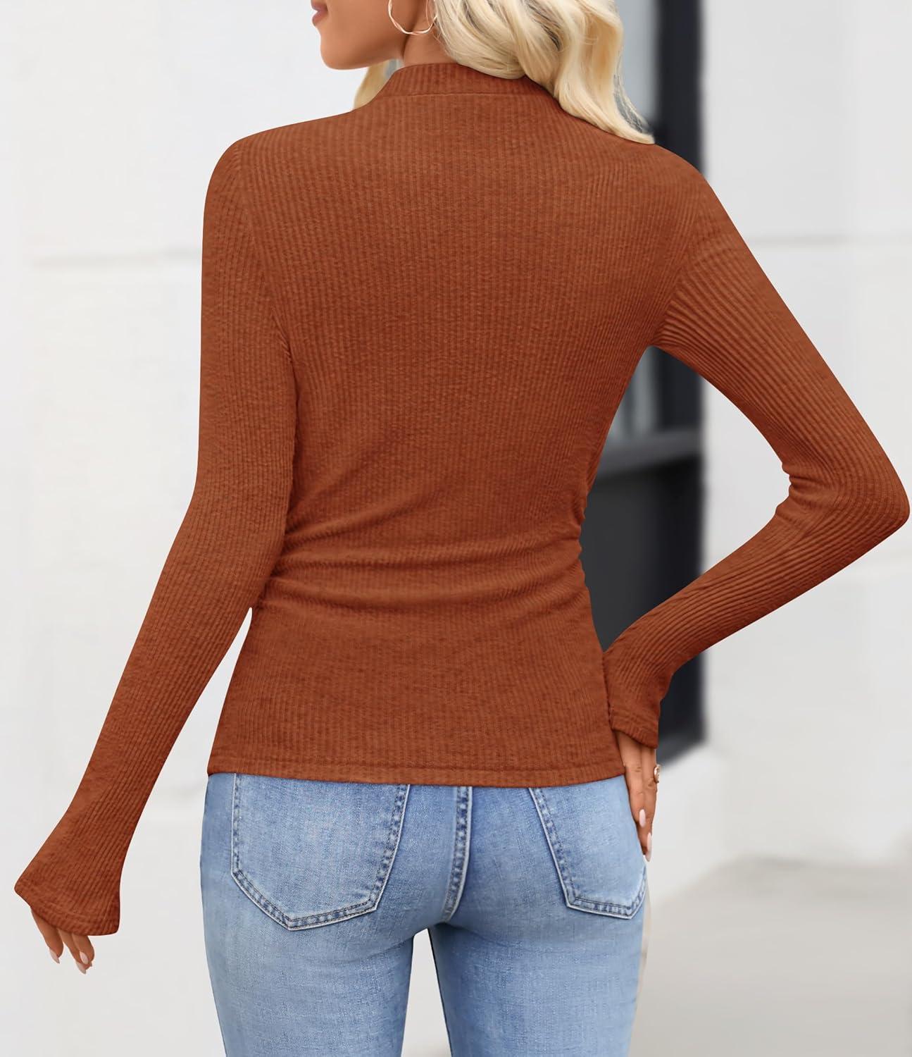 imageZESICA Womens Long Sleeve Shirts 2026 Spring Mock Neck Ribbed Slim Fit Tops Basic Tees Dressy Casual Outfits ClothesBrick