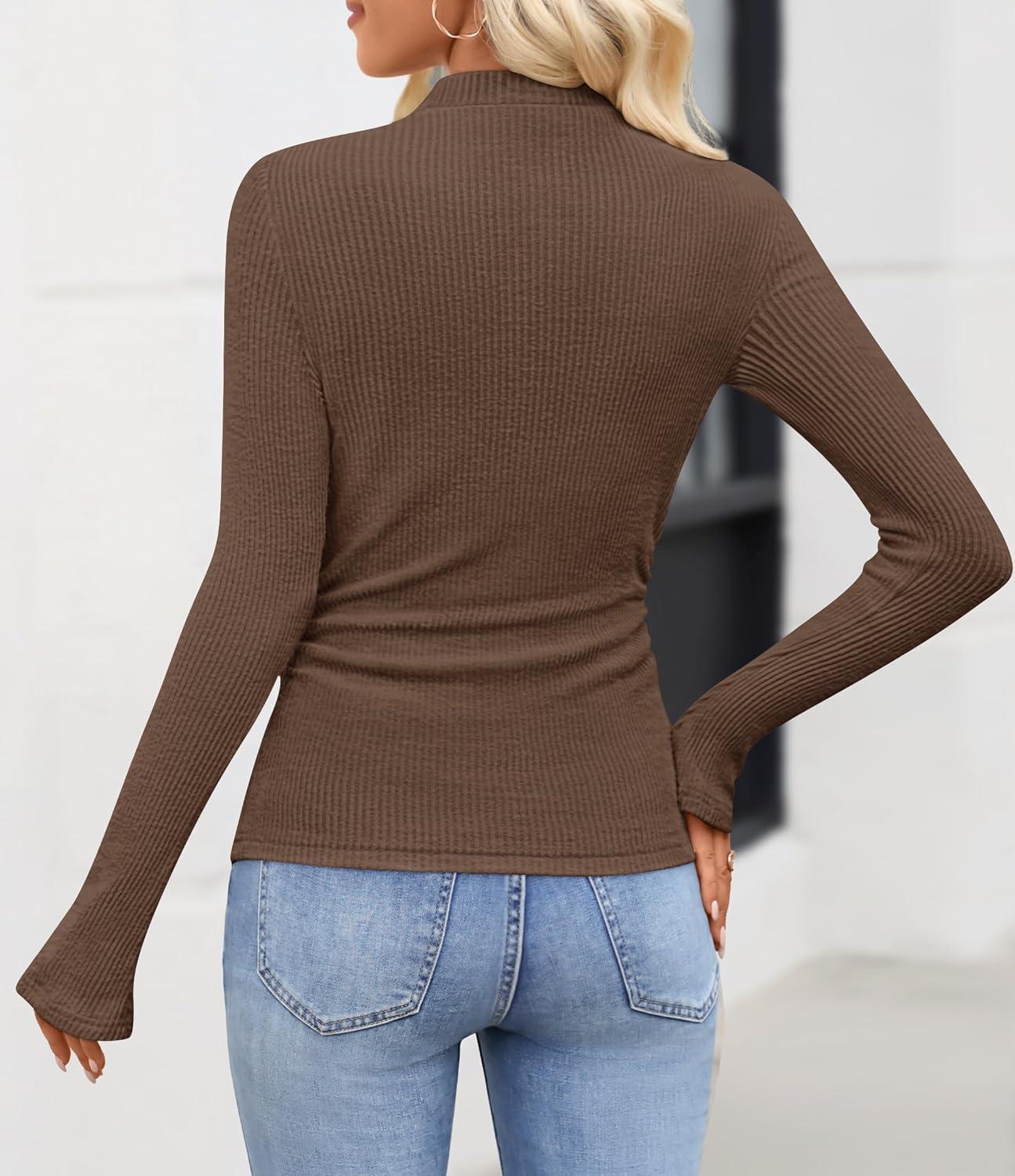 imageZESICA Womens Long Sleeve Shirts 2026 Spring Mock Neck Ribbed Slim Fit Tops Basic Tees Dressy Casual Outfits ClothesBrown