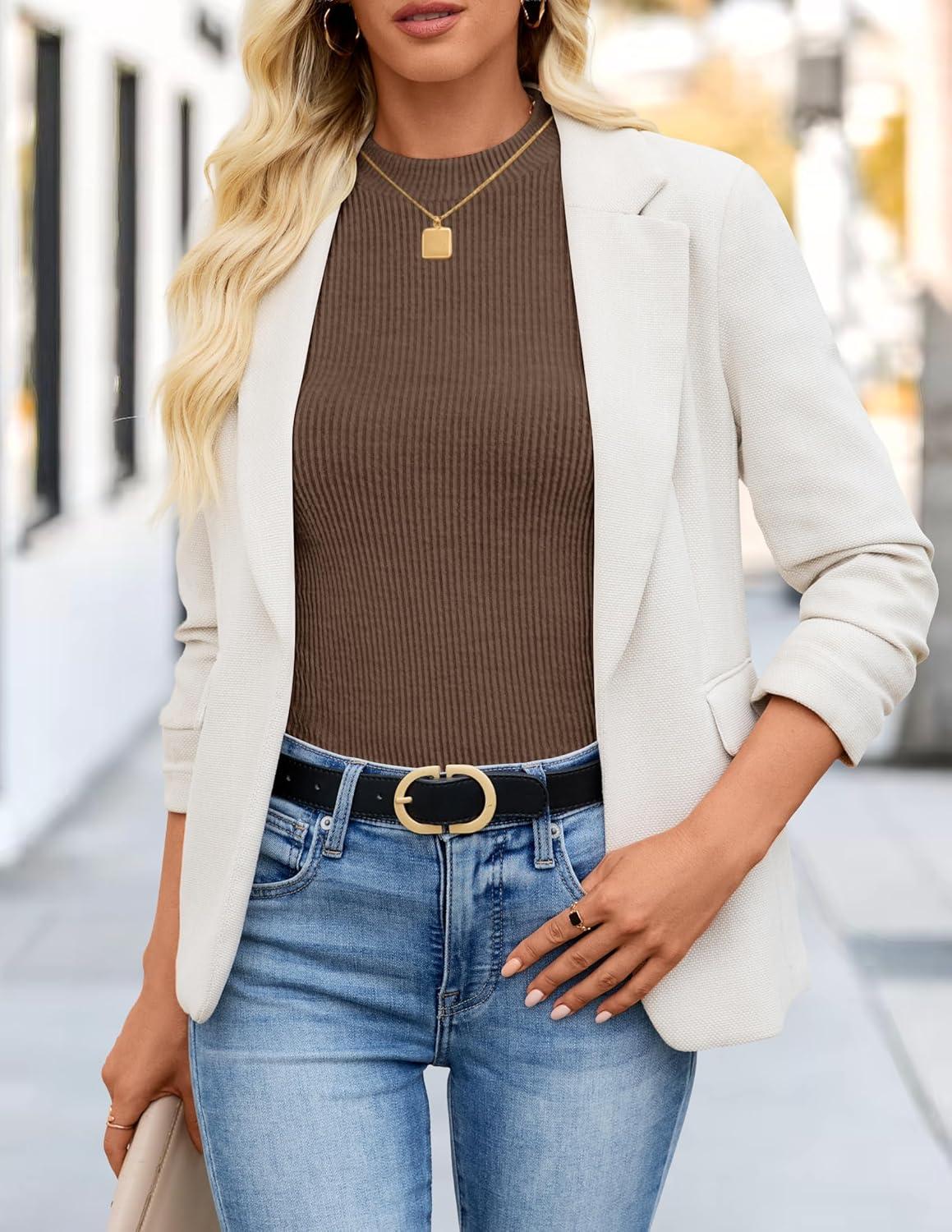 imageZESICA Womens Long Sleeve Shirts 2026 Spring Mock Neck Ribbed Slim Fit Tops Basic Tees Dressy Casual Outfits ClothesBrown