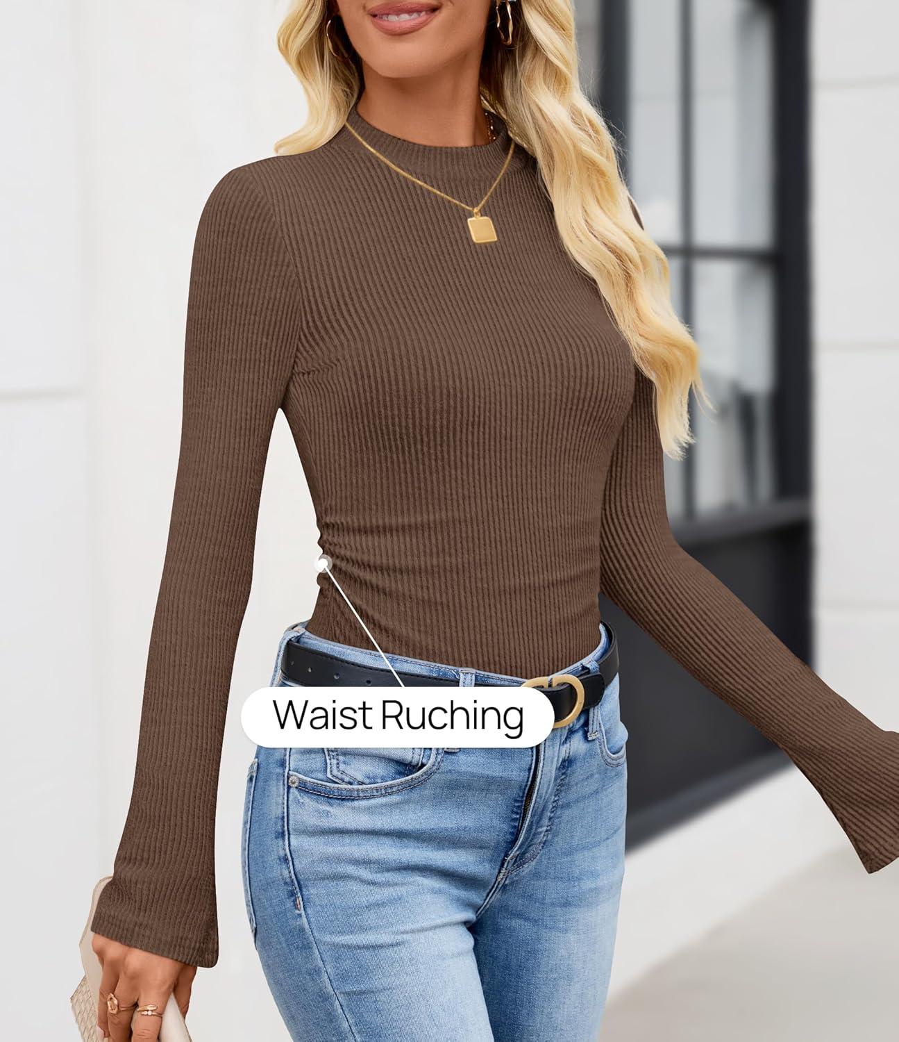 imageZESICA Womens Long Sleeve Shirts 2026 Spring Mock Neck Ribbed Slim Fit Tops Basic Tees Dressy Casual Outfits ClothesBrown