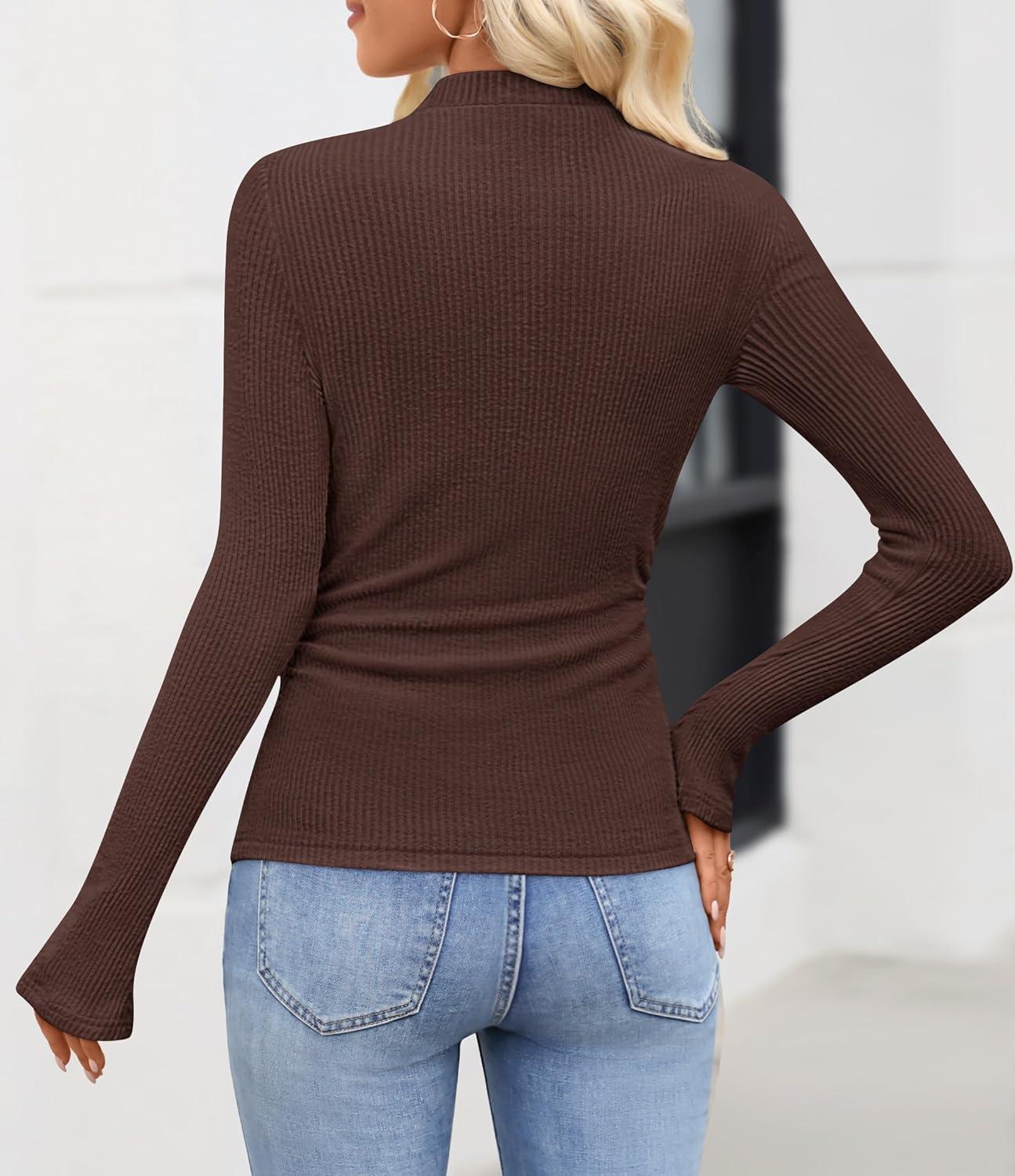 imageZESICA Womens Long Sleeve Shirts 2026 Spring Mock Neck Ribbed Slim Fit Tops Basic Tees Dressy Casual Outfits ClothesDarkbrown