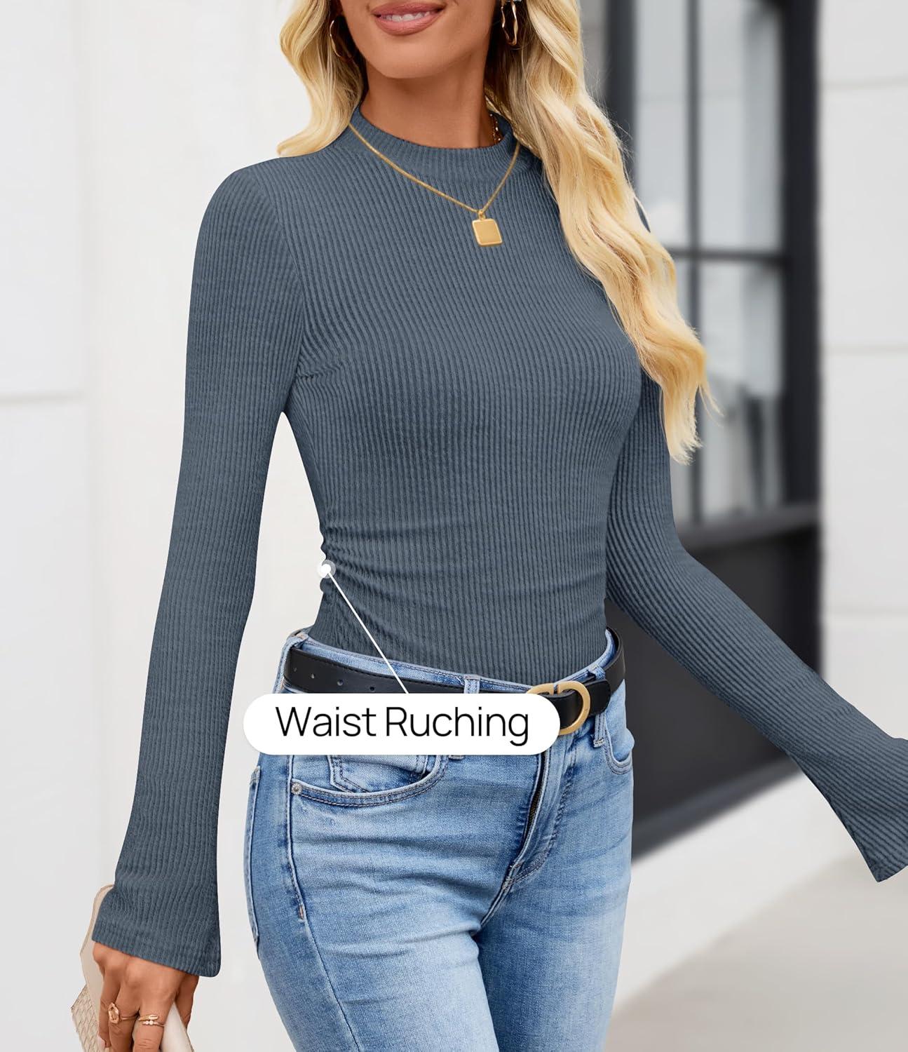 imageZESICA Womens Long Sleeve Shirts 2026 Spring Mock Neck Ribbed Slim Fit Tops Basic Tees Dressy Casual Outfits ClothesDustyblue