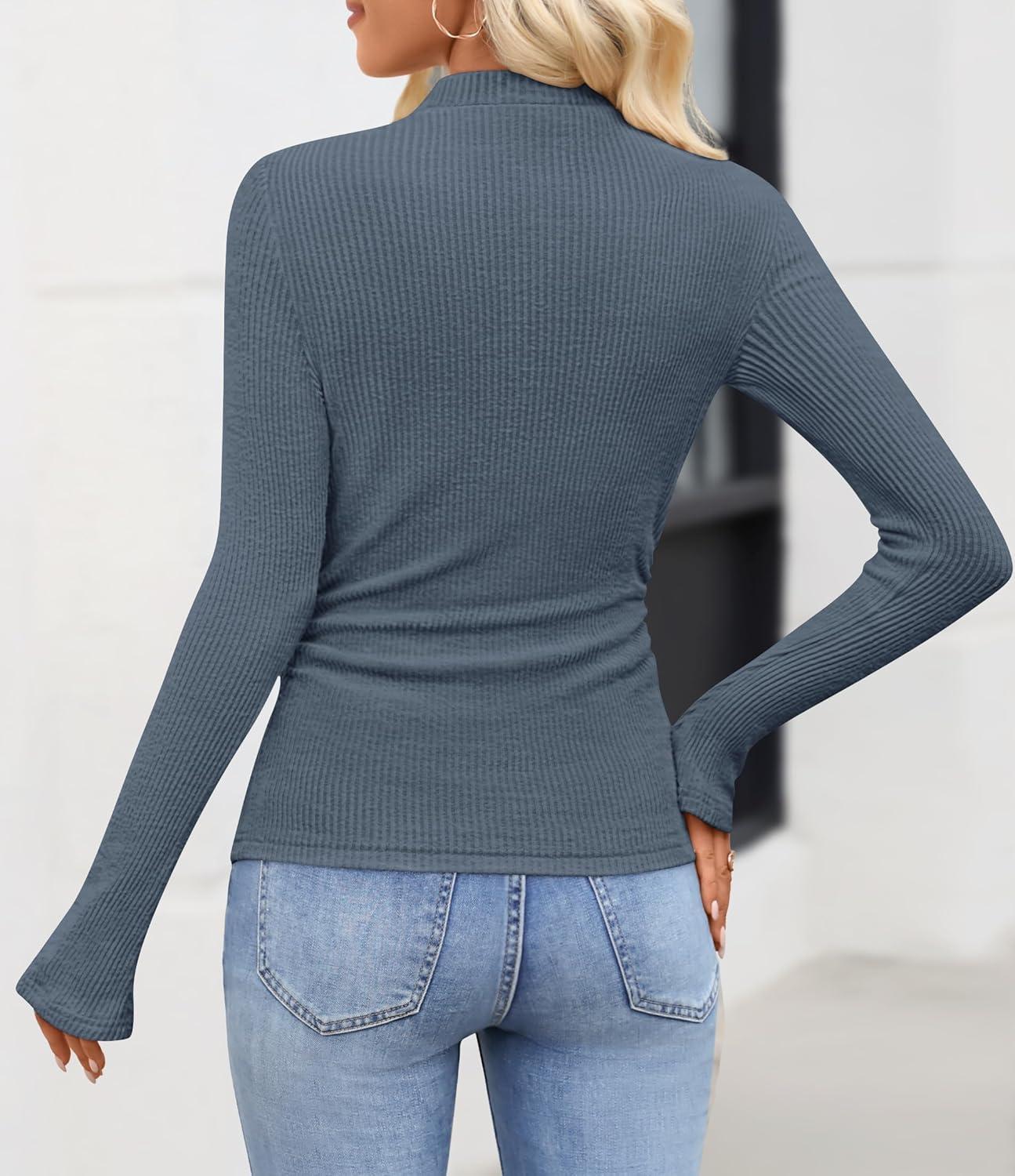 imageZESICA Womens Long Sleeve Shirts 2026 Spring Mock Neck Ribbed Slim Fit Tops Basic Tees Dressy Casual Outfits ClothesDustyblue