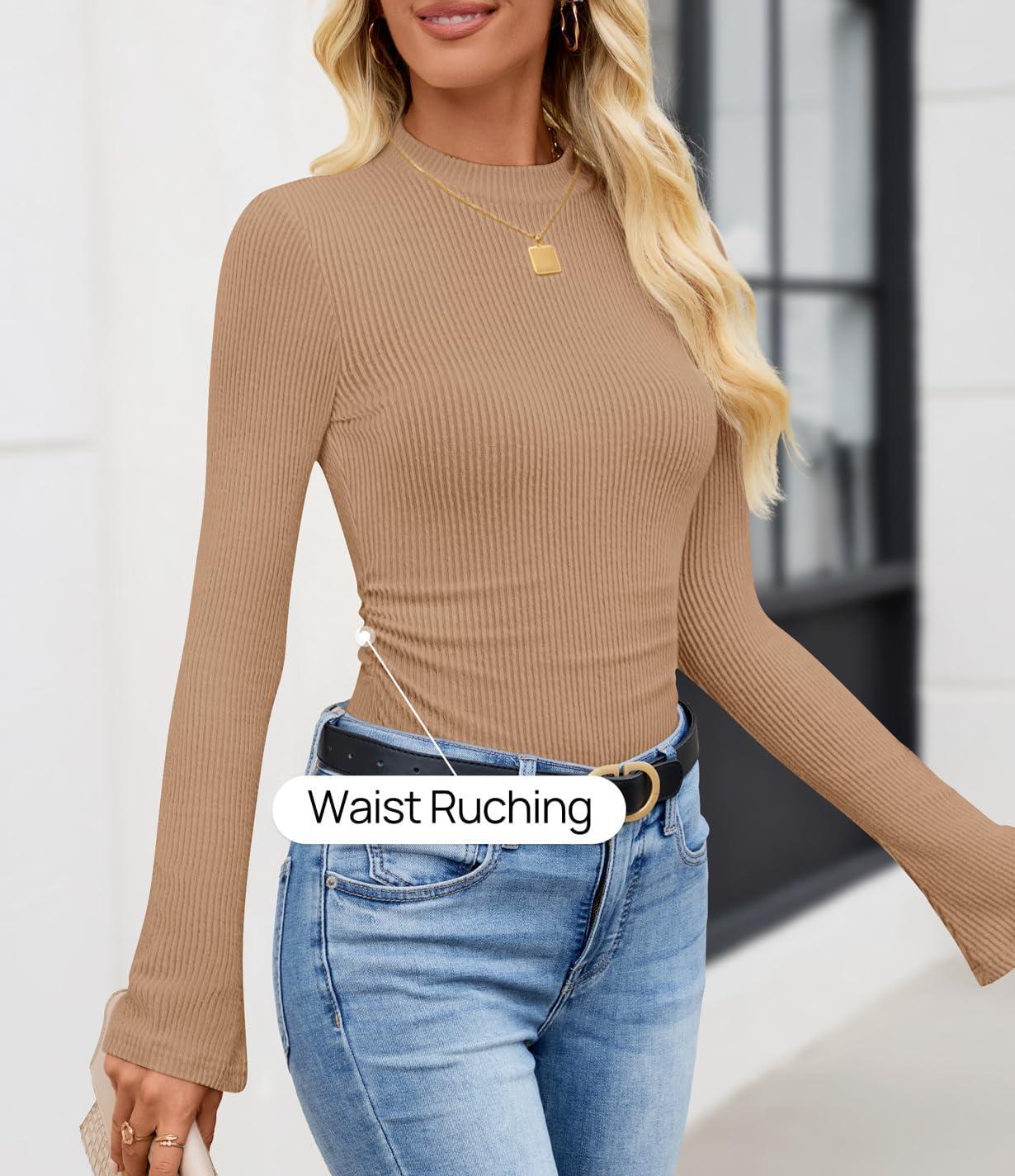 imageZESICA Womens Long Sleeve Shirts 2026 Spring Mock Neck Ribbed Slim Fit Tops Basic Tees Dressy Casual Outfits ClothesKhaki