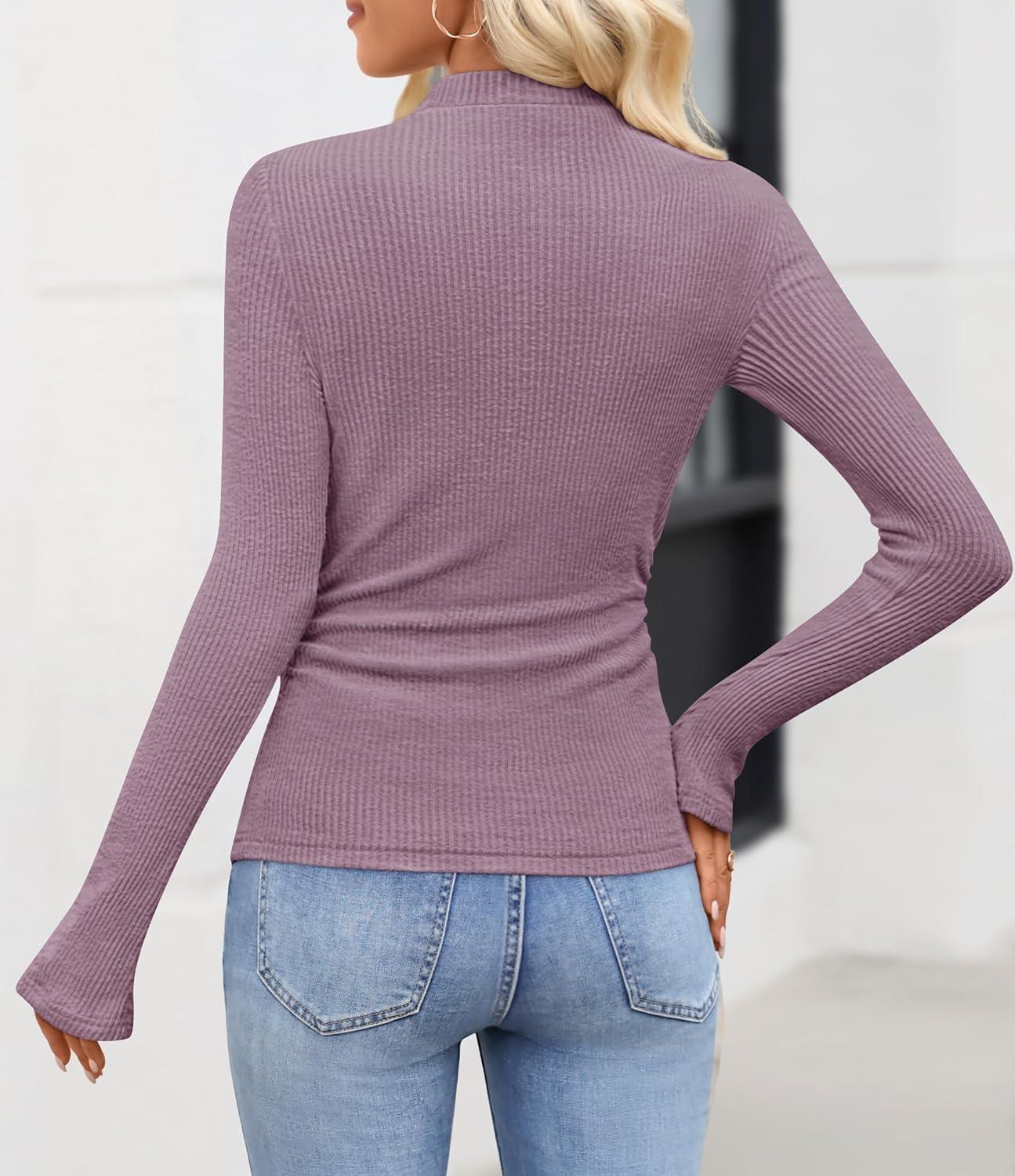 imageZESICA Womens Long Sleeve Shirts 2026 Spring Mock Neck Ribbed Slim Fit Tops Basic Tees Dressy Casual Outfits ClothesPurple