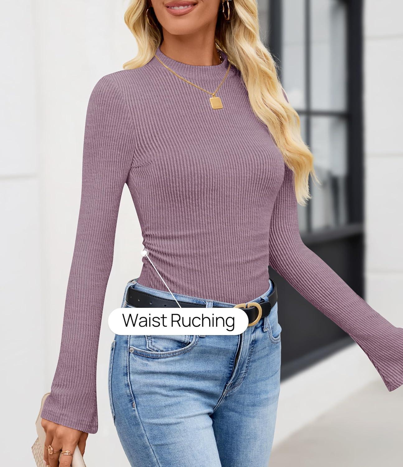 imageZESICA Womens Long Sleeve Shirts 2026 Spring Mock Neck Ribbed Slim Fit Tops Basic Tees Dressy Casual Outfits ClothesPurple