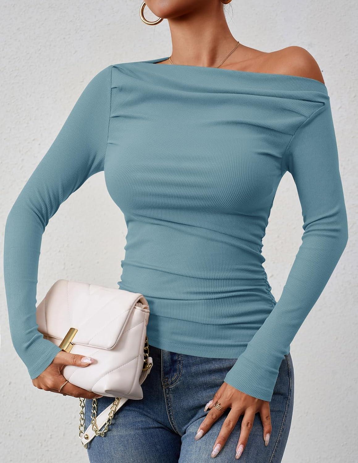 imageZESICA Womens Off Shoulder Long Sleeve Tops 2026 Spring Casual Boat Neck Ruched Slim Fit Going Out Y2k Shirts BlousesBlue