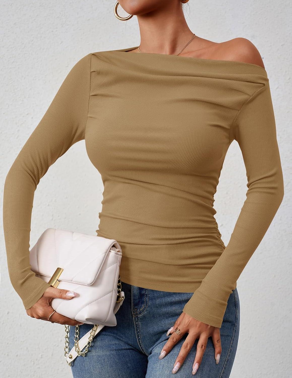 imageZESICA Womens Off Shoulder Long Sleeve Tops 2026 Spring Casual Boat Neck Ruched Slim Fit Going Out Y2k Shirts BlousesKhaki