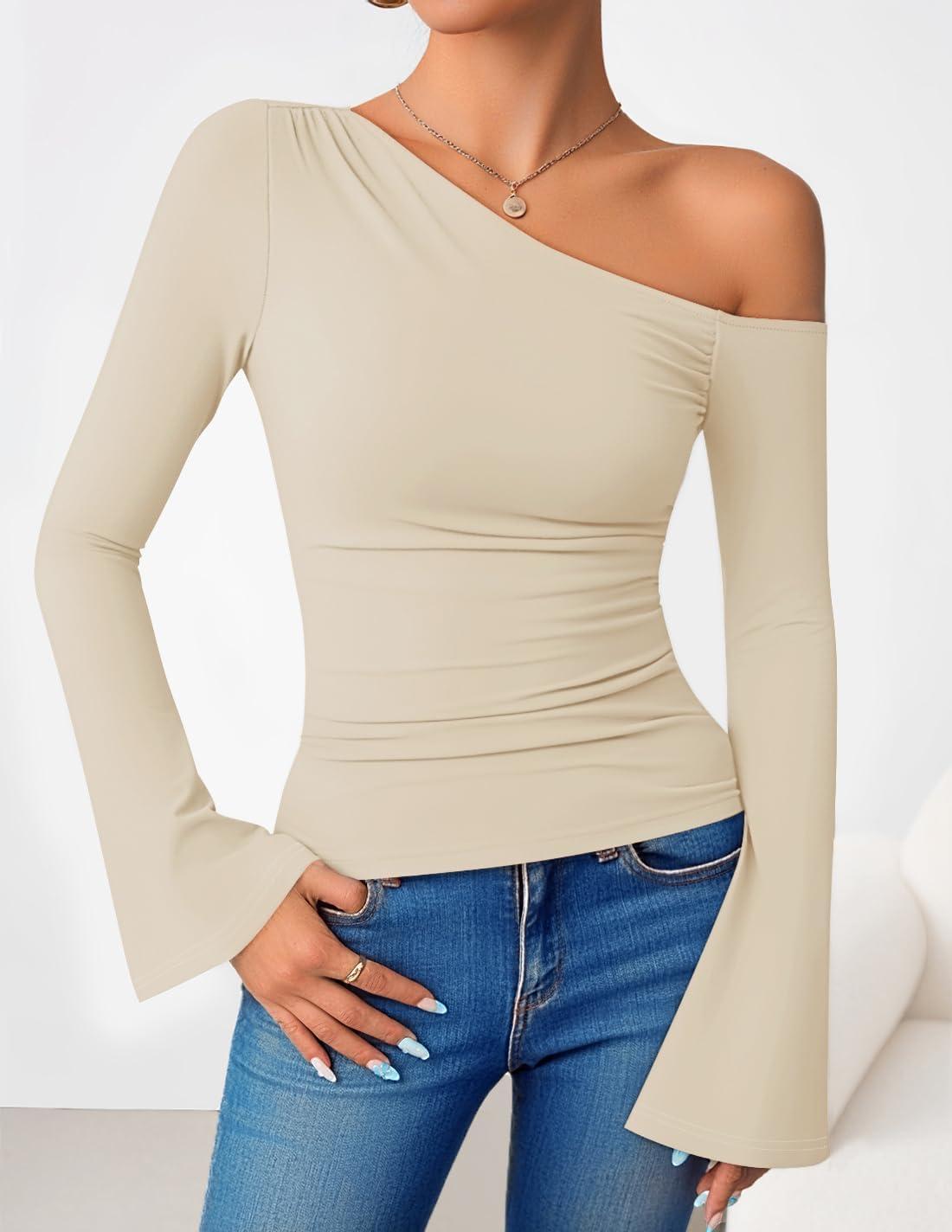 imageZESICA Womens Off Shoulder Tops Bell Long Sleeve Shirts 2026 Spring Trendy Going Out Ruched Tight Fitted Y2K ClothesApricot