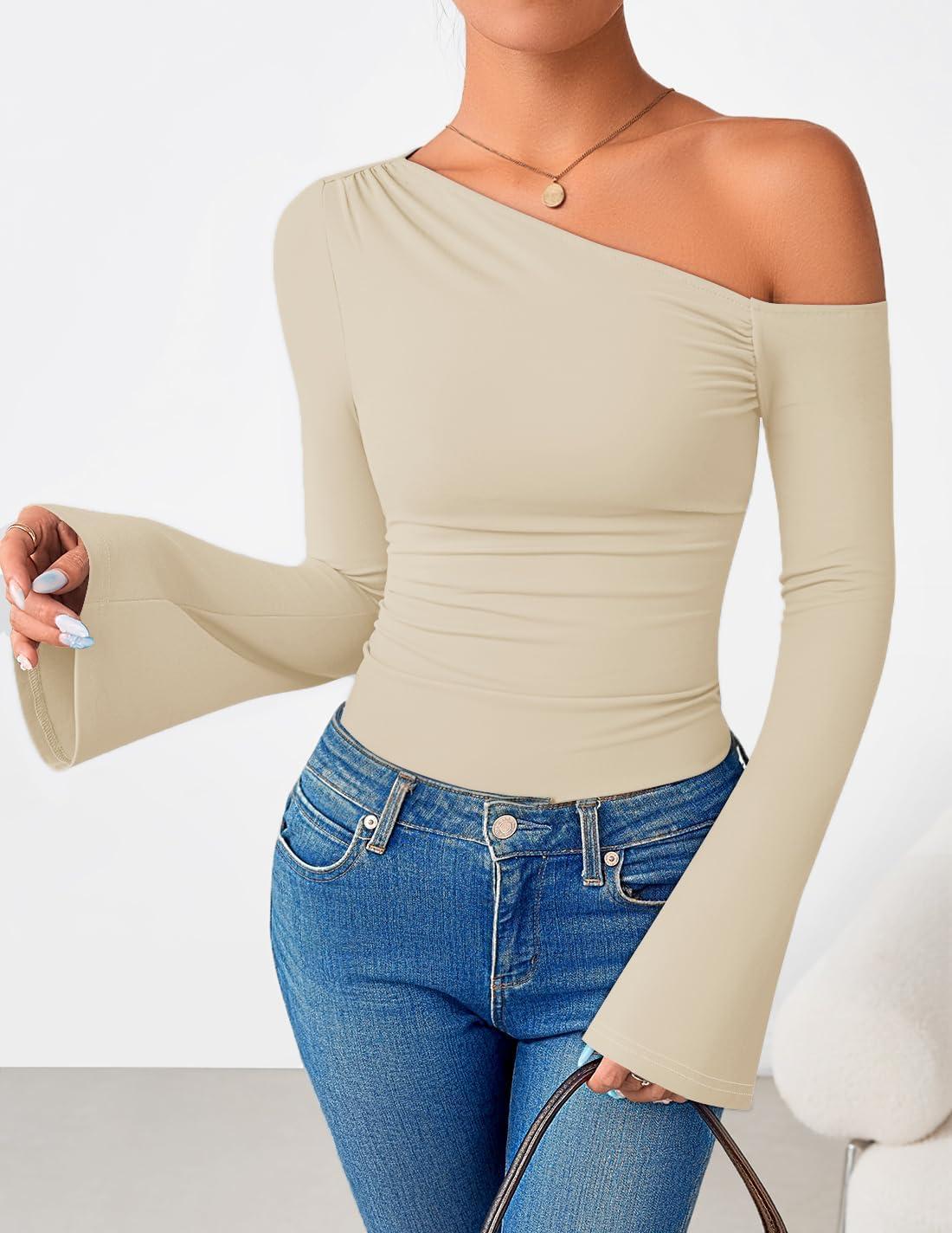 imageZESICA Womens Off Shoulder Tops Bell Long Sleeve Shirts 2026 Spring Trendy Going Out Ruched Tight Fitted Y2K ClothesApricot