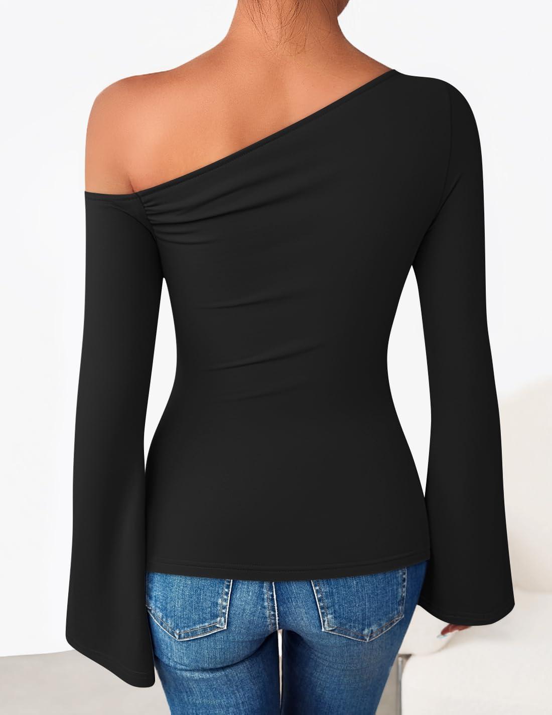 imageZESICA Womens Off Shoulder Tops Bell Long Sleeve Shirts 2026 Spring Trendy Going Out Ruched Tight Fitted Y2K ClothesBlack