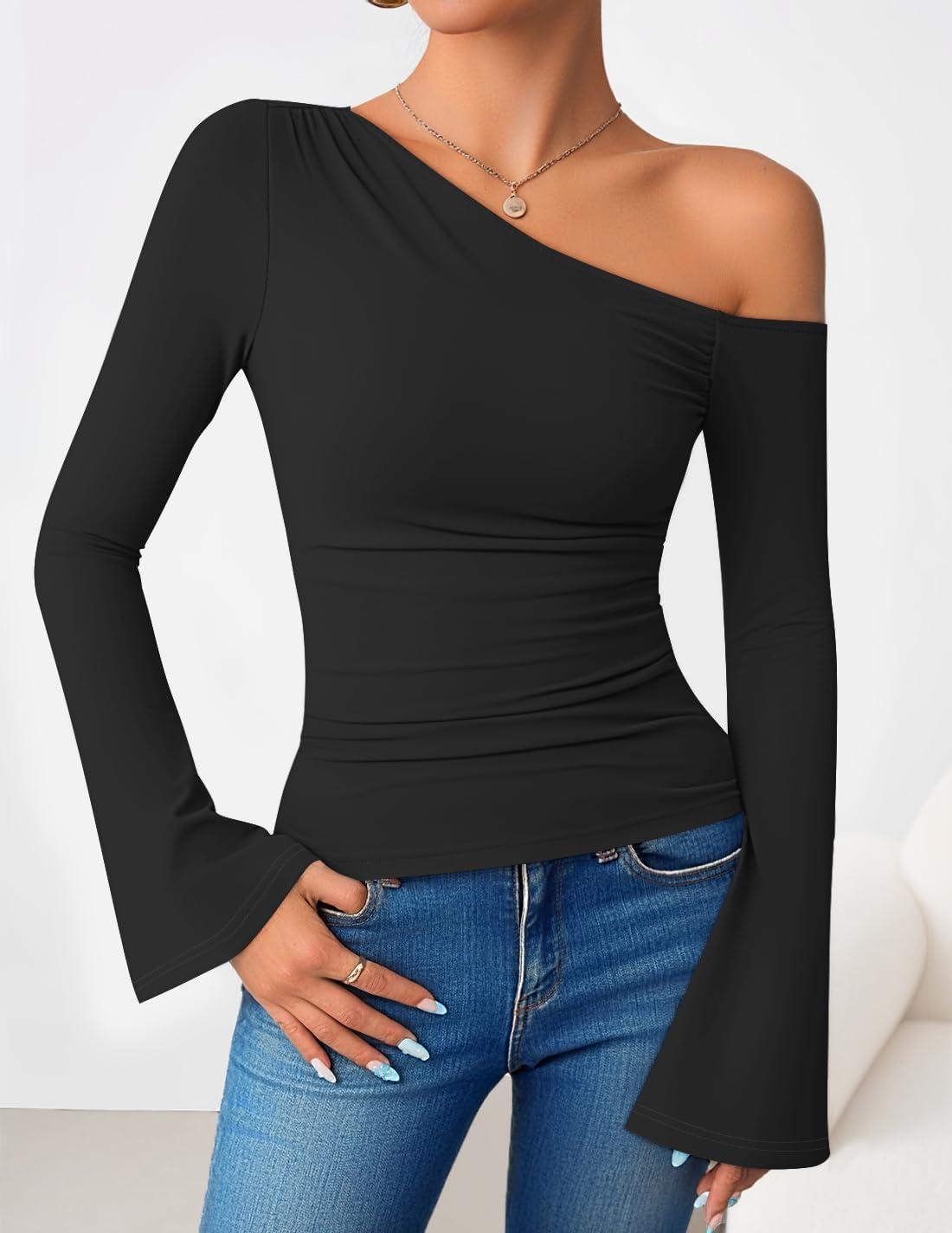 imageZESICA Womens Off Shoulder Tops Bell Long Sleeve Shirts 2026 Spring Trendy Going Out Ruched Tight Fitted Y2K ClothesBlack