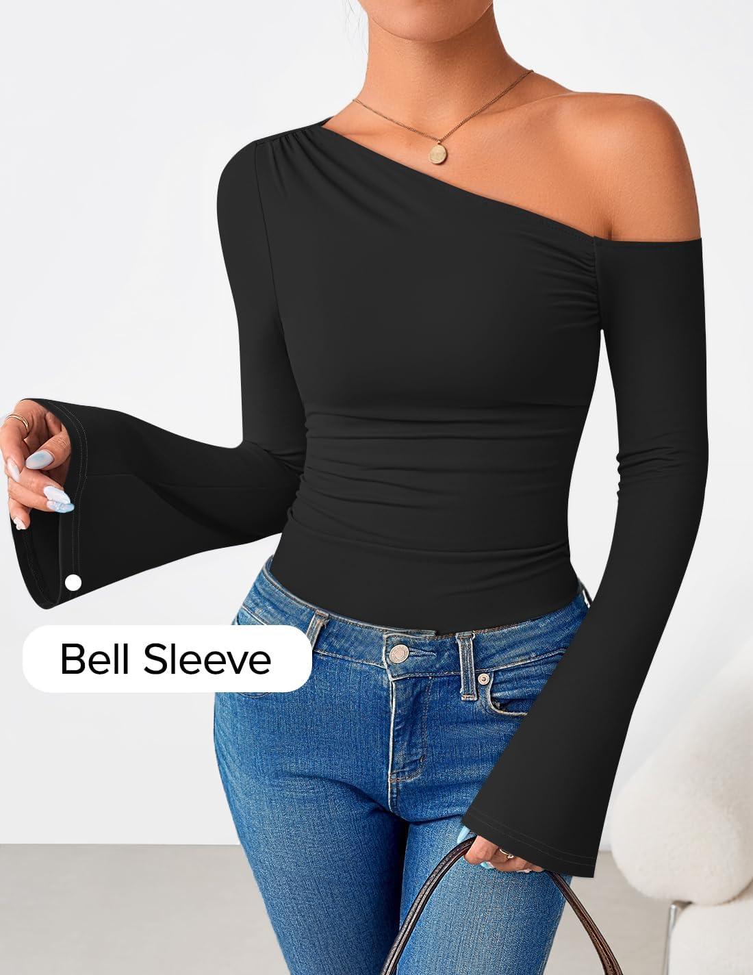imageZESICA Womens Off Shoulder Tops Bell Long Sleeve Shirts 2026 Spring Trendy Going Out Ruched Tight Fitted Y2K ClothesBlack