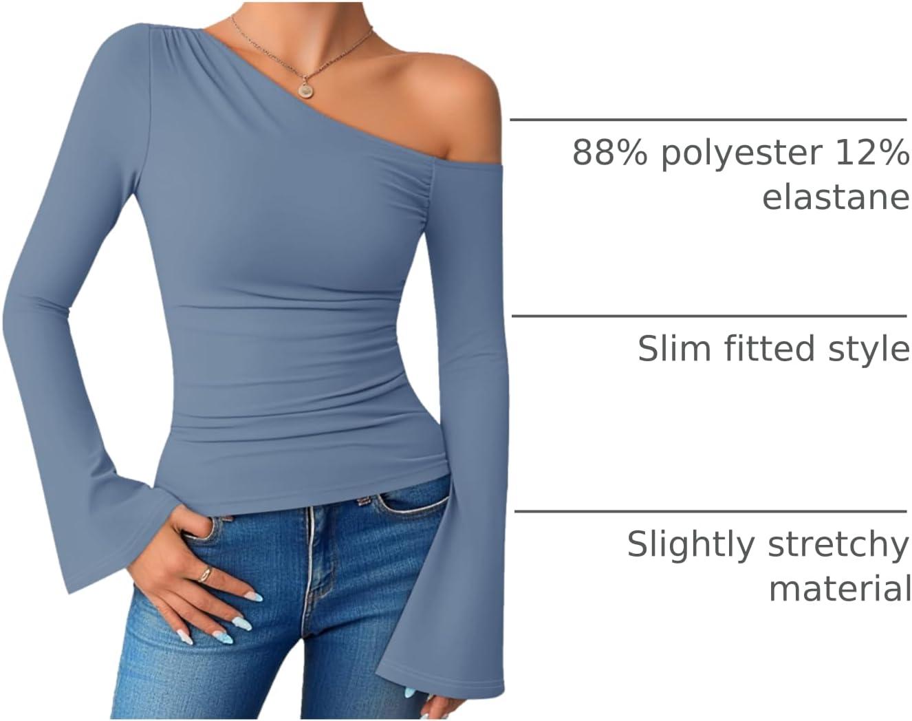 imageZESICA Womens Off Shoulder Tops Bell Long Sleeve Shirts 2026 Spring Trendy Going Out Ruched Tight Fitted Y2K ClothesBlue