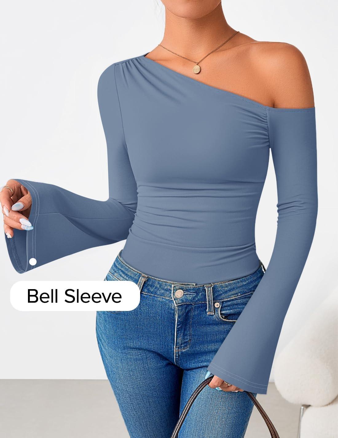 imageZESICA Womens Off Shoulder Tops Bell Long Sleeve Shirts 2026 Spring Trendy Going Out Ruched Tight Fitted Y2K ClothesBlue