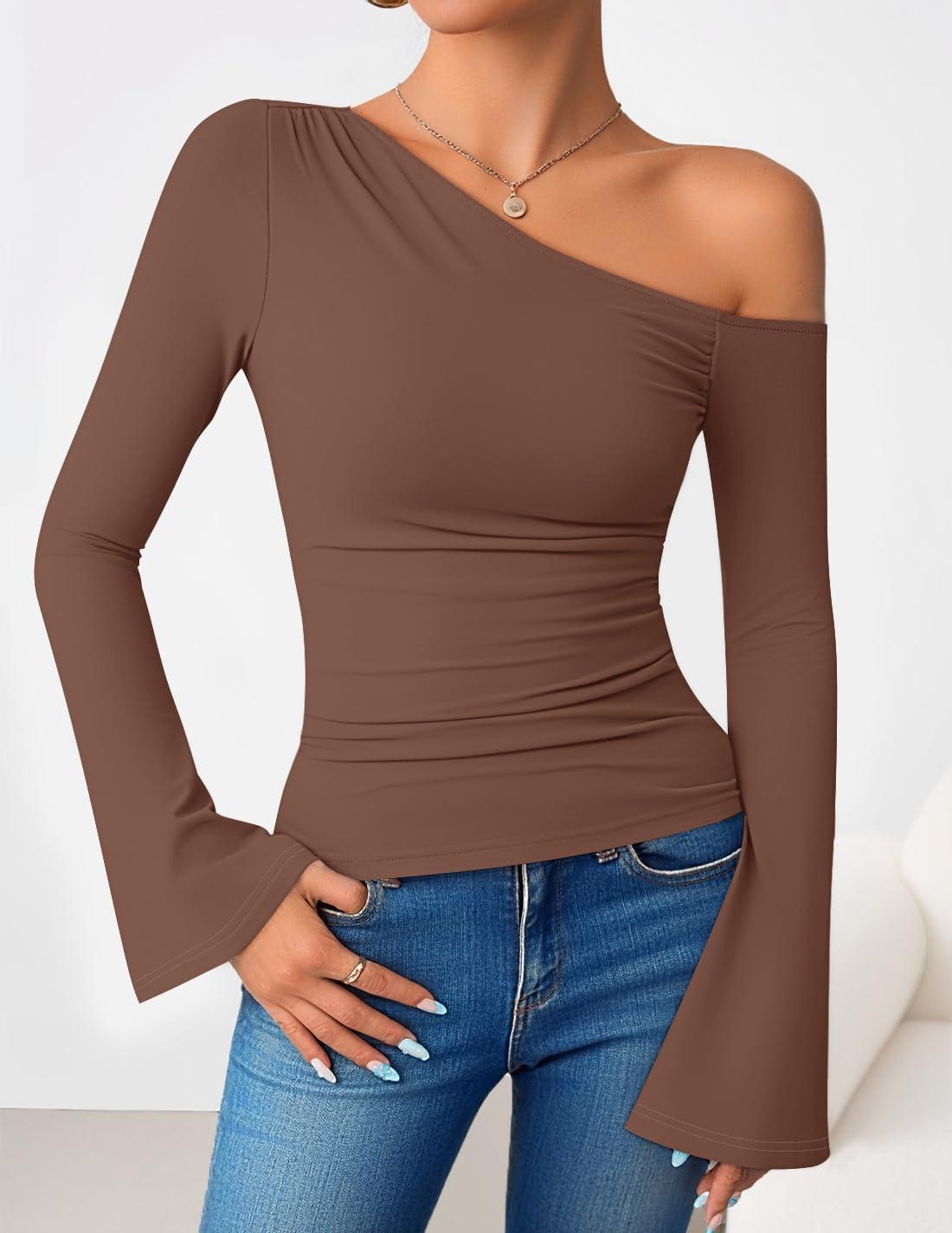 imageZESICA Womens Off Shoulder Tops Bell Long Sleeve Shirts 2026 Spring Trendy Going Out Ruched Tight Fitted Y2K ClothesBrown