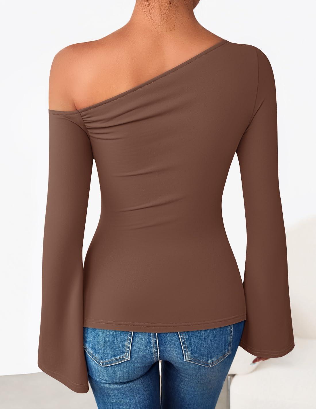 imageZESICA Womens Off Shoulder Tops Bell Long Sleeve Shirts 2026 Spring Trendy Going Out Ruched Tight Fitted Y2K ClothesBrown