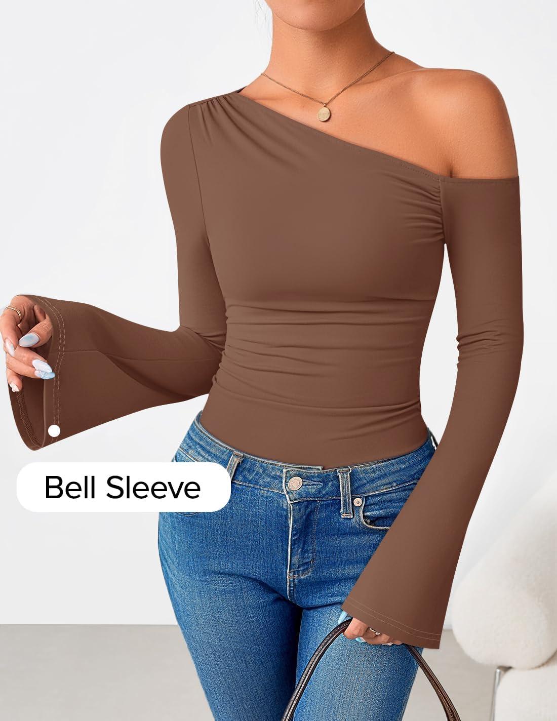 imageZESICA Womens Off Shoulder Tops Bell Long Sleeve Shirts 2026 Spring Trendy Going Out Ruched Tight Fitted Y2K ClothesBrown