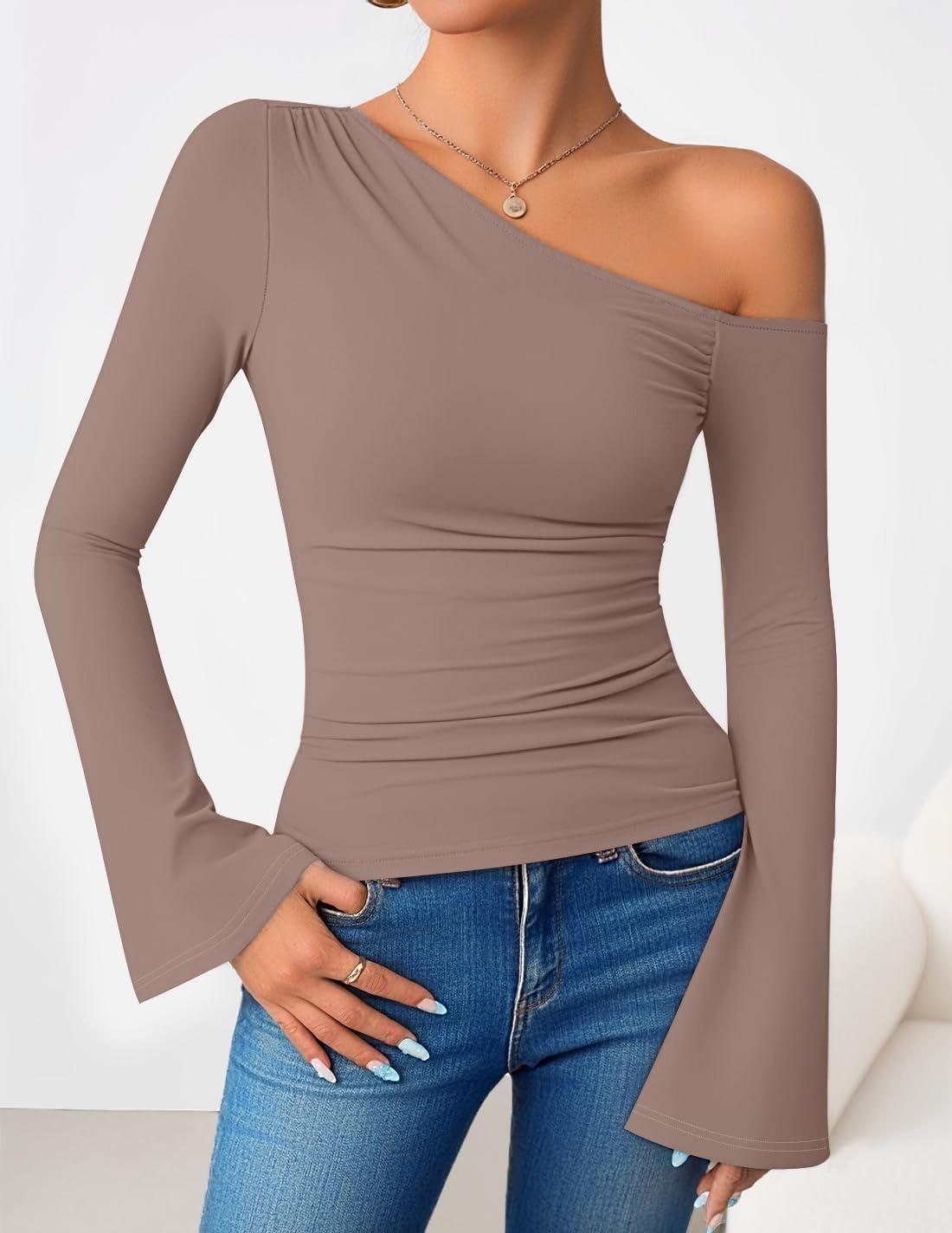 imageZESICA Womens Off Shoulder Tops Bell Long Sleeve Shirts 2026 Spring Trendy Going Out Ruched Tight Fitted Y2K ClothesLightkhaki