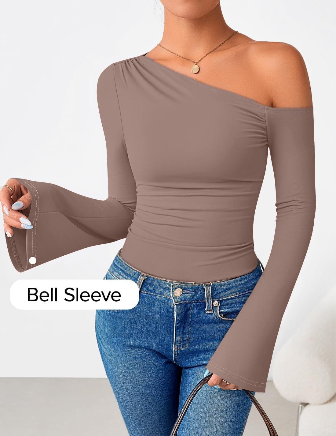 imageZESICA Womens Off Shoulder Tops Bell Long Sleeve Shirts 2026 Spring Trendy Going Out Ruched Tight Fitted Y2K ClothesLightkhaki