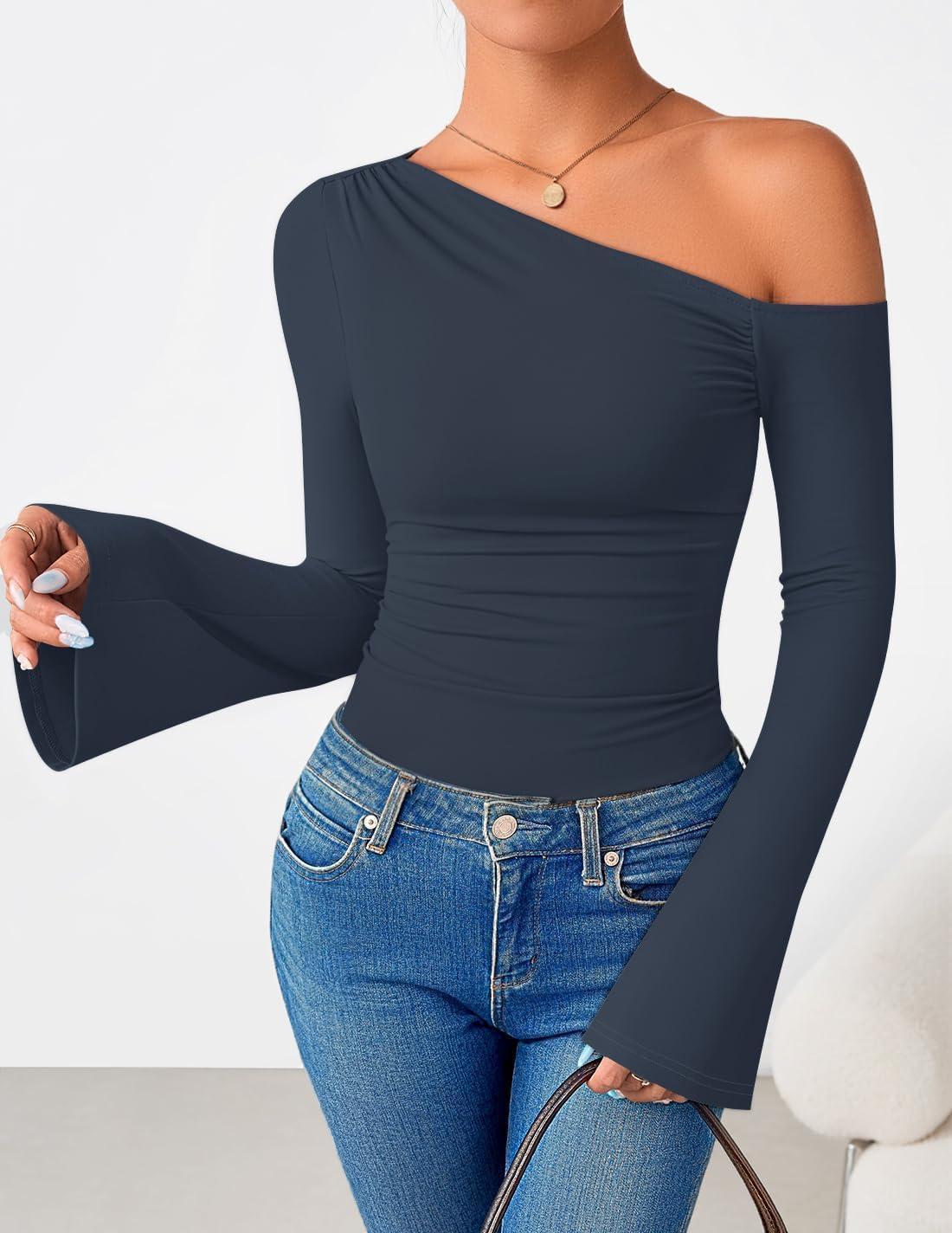 imageZESICA Womens Off Shoulder Tops Bell Long Sleeve Shirts 2026 Spring Trendy Going Out Ruched Tight Fitted Y2K ClothesNavy