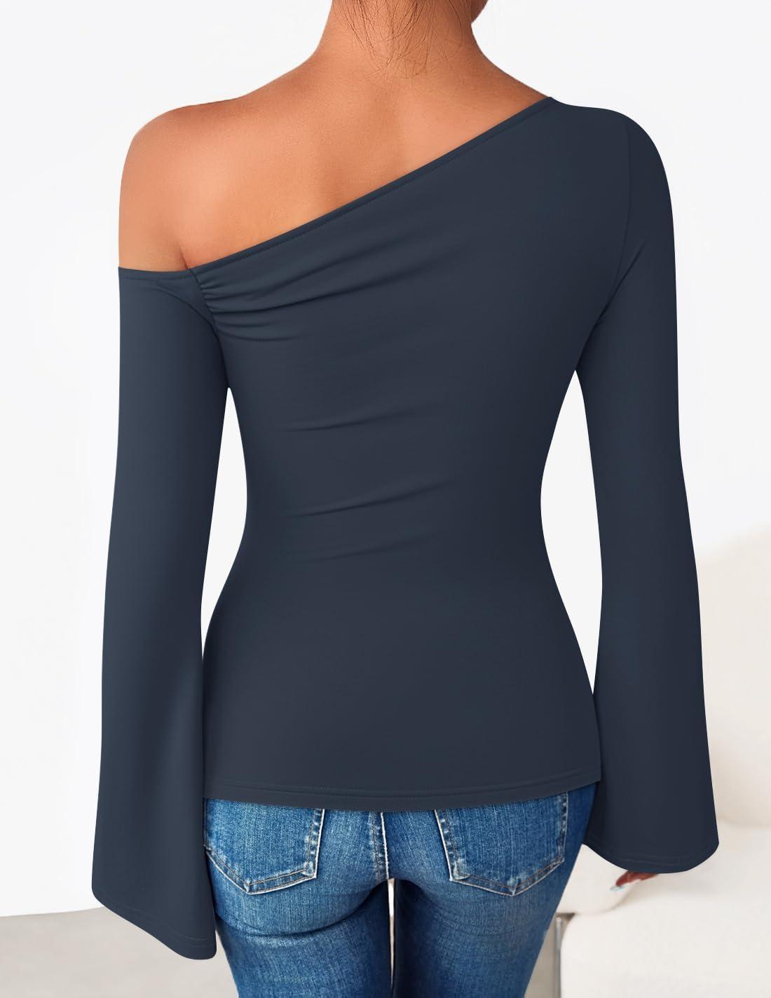imageZESICA Womens Off Shoulder Tops Bell Long Sleeve Shirts 2026 Spring Trendy Going Out Ruched Tight Fitted Y2K ClothesNavy