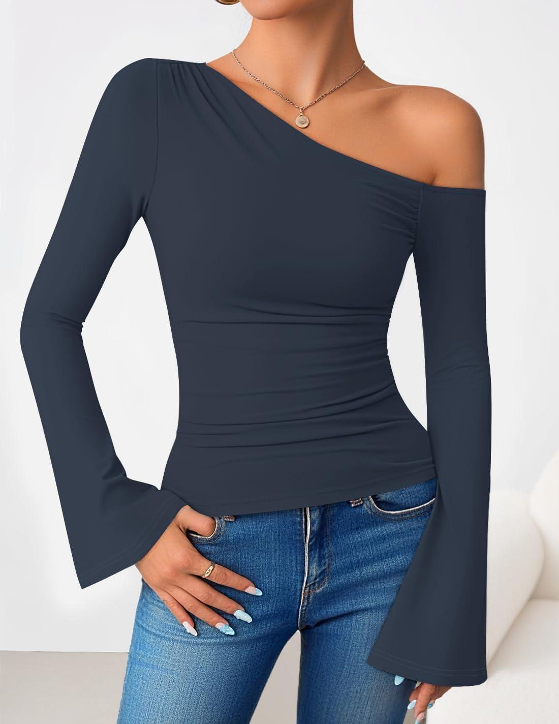 imageZESICA Womens Off Shoulder Tops Bell Long Sleeve Shirts 2026 Spring Trendy Going Out Ruched Tight Fitted Y2K ClothesNavy
