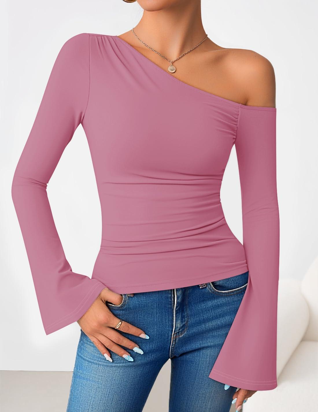 imageZESICA Womens Off Shoulder Tops Bell Long Sleeve Shirts 2026 Spring Trendy Going Out Ruched Tight Fitted Y2K ClothesPink