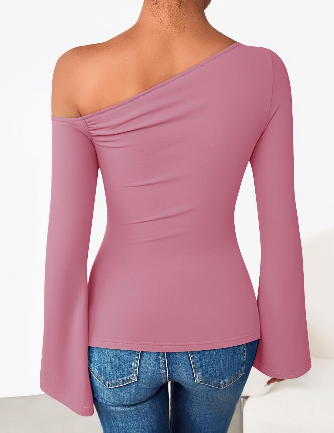 imageZESICA Womens Off Shoulder Tops Bell Long Sleeve Shirts 2026 Spring Trendy Going Out Ruched Tight Fitted Y2K ClothesPink