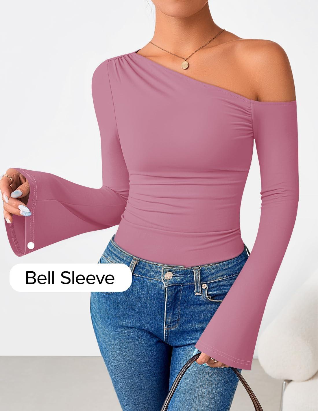 imageZESICA Womens Off Shoulder Tops Bell Long Sleeve Shirts 2026 Spring Trendy Going Out Ruched Tight Fitted Y2K ClothesPink