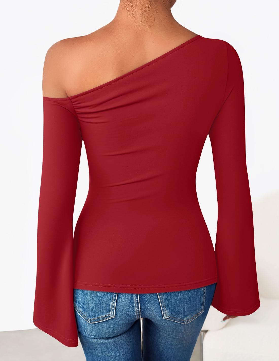 imageZESICA Womens Off Shoulder Tops Bell Long Sleeve Shirts 2026 Spring Trendy Going Out Ruched Tight Fitted Y2K ClothesRed