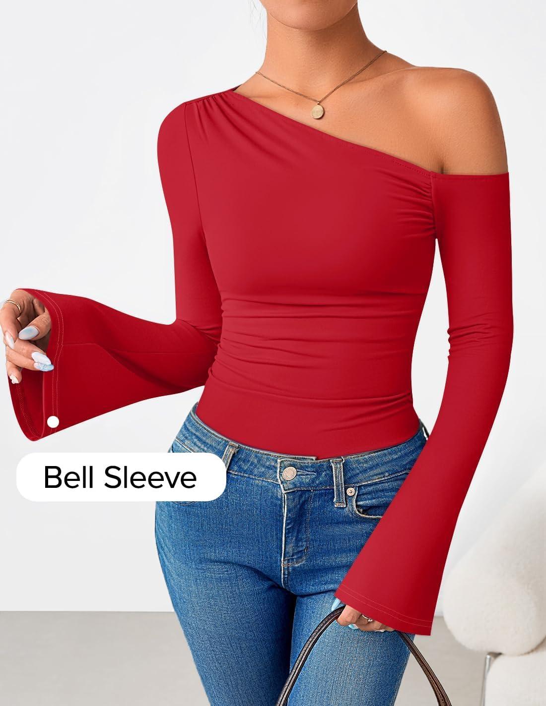 imageZESICA Womens Off Shoulder Tops Bell Long Sleeve Shirts 2026 Spring Trendy Going Out Ruched Tight Fitted Y2K ClothesRed