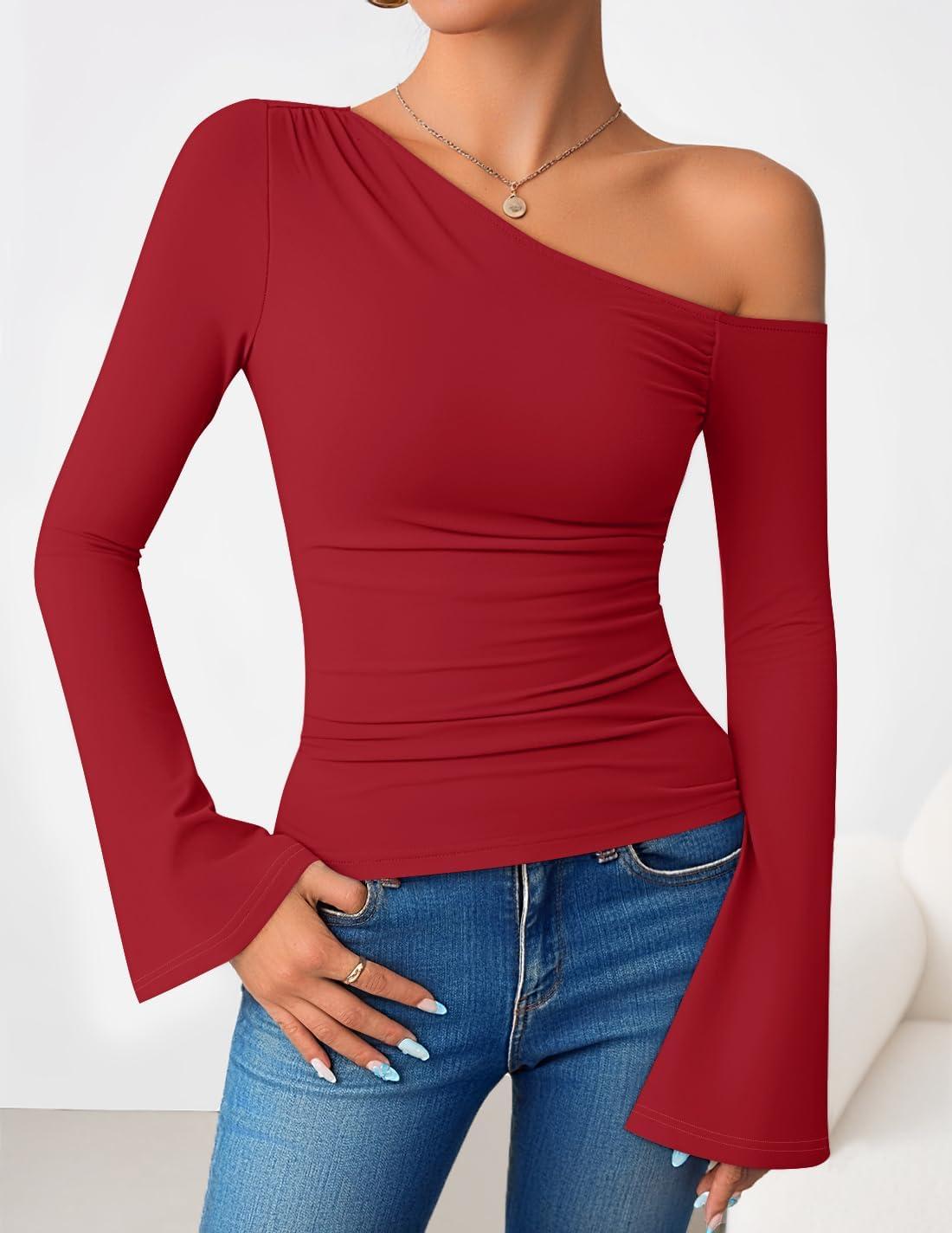 imageZESICA Womens Off Shoulder Tops Bell Long Sleeve Shirts 2026 Spring Trendy Going Out Ruched Tight Fitted Y2K ClothesRed