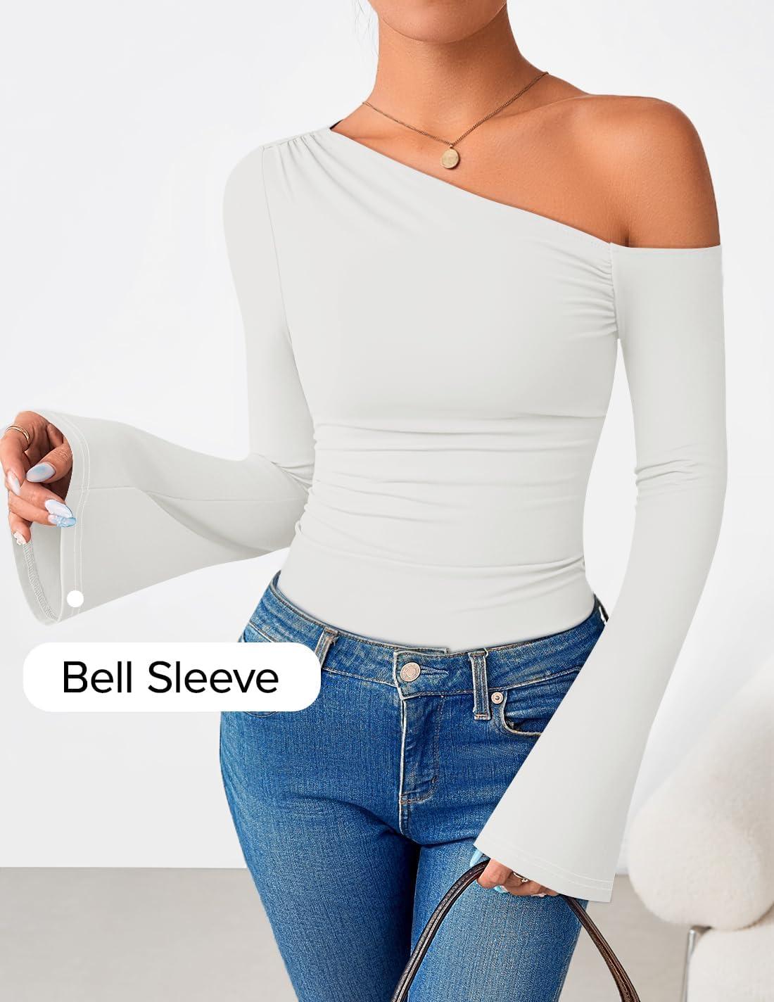 imageZESICA Womens Off Shoulder Tops Bell Long Sleeve Shirts 2026 Spring Trendy Going Out Ruched Tight Fitted Y2K ClothesWhite