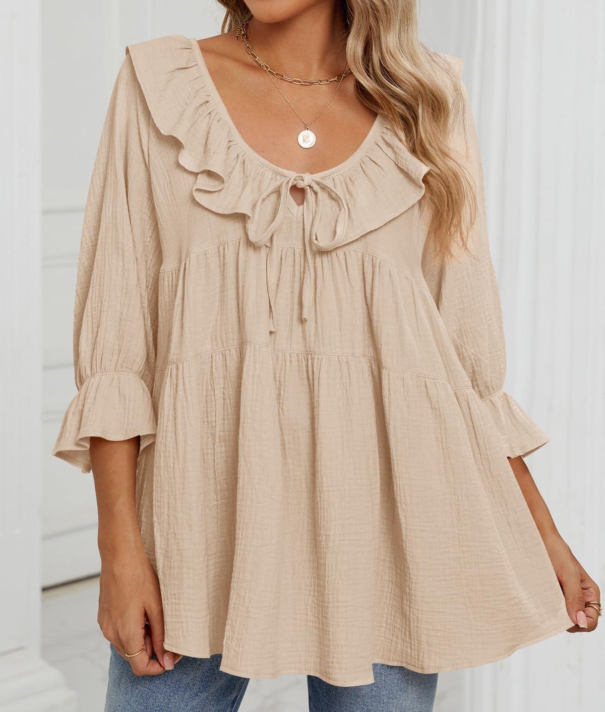 imageZESICA Womens Scoop Neck 34 Length Sleeve Tops 2026 Casual Tie Front Ruffle Tiered Loose Tunic Shirts Blouses Fall OutfitsApricot