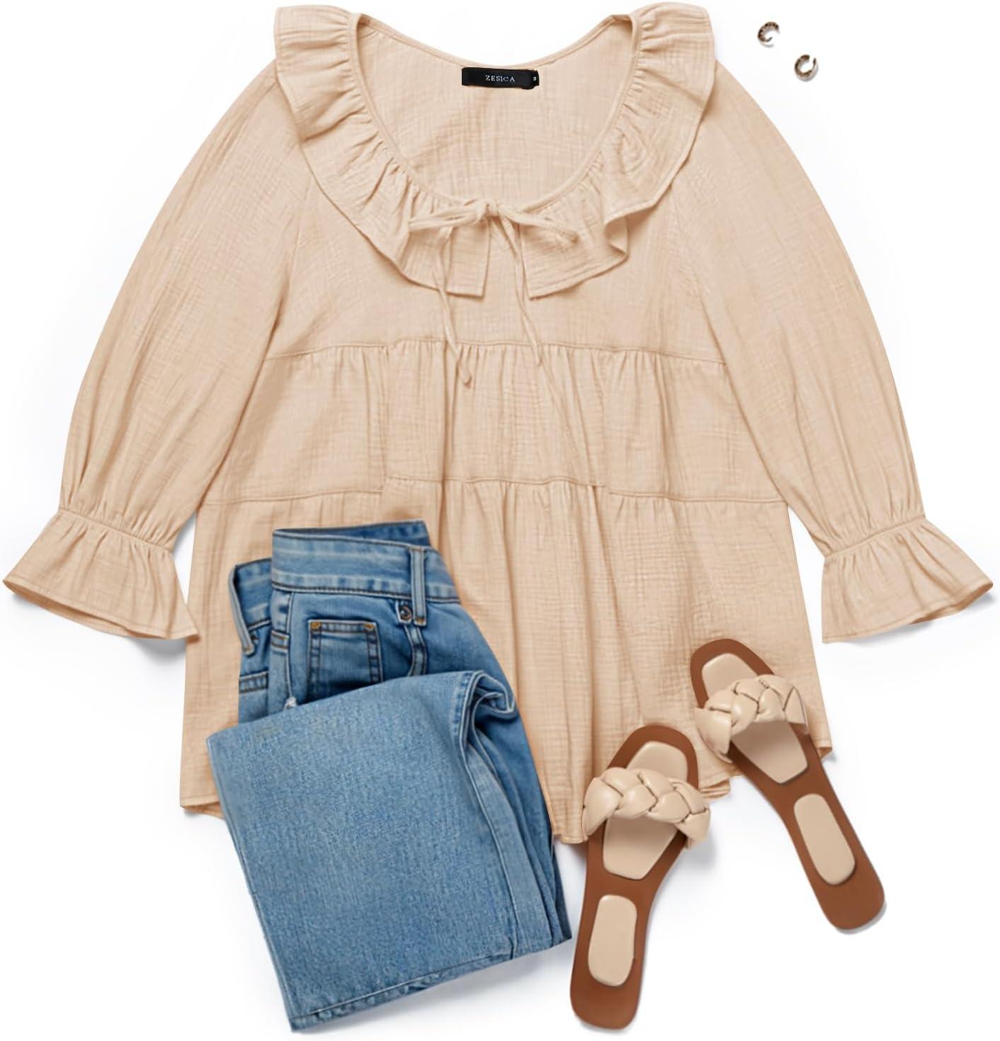 imageZESICA Womens Scoop Neck 34 Length Sleeve Tops 2026 Casual Tie Front Ruffle Tiered Loose Tunic Shirts Blouses Fall OutfitsApricot