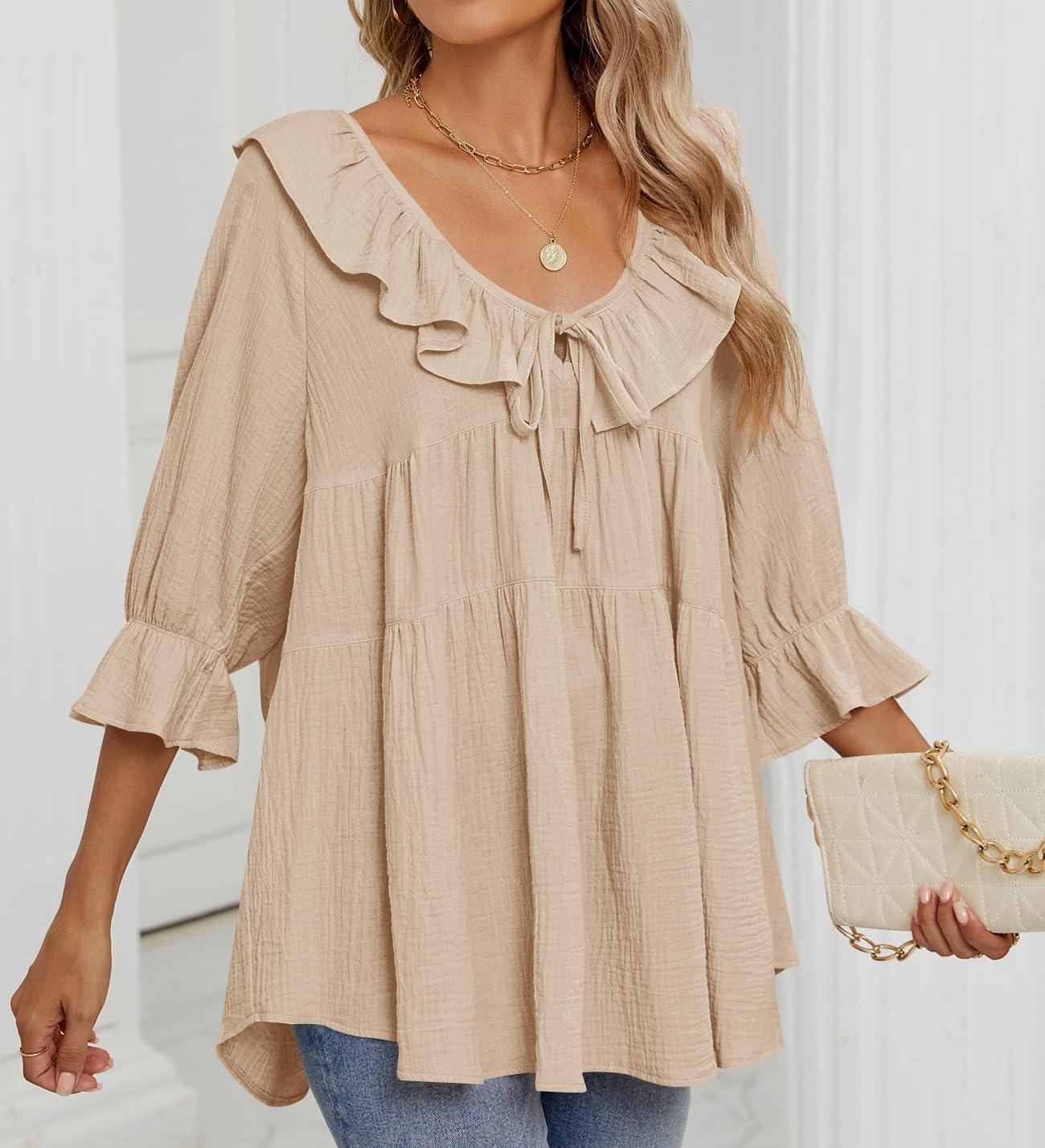 imageZESICA Womens Scoop Neck 34 Length Sleeve Tops 2026 Casual Tie Front Ruffle Tiered Loose Tunic Shirts Blouses Fall OutfitsApricot