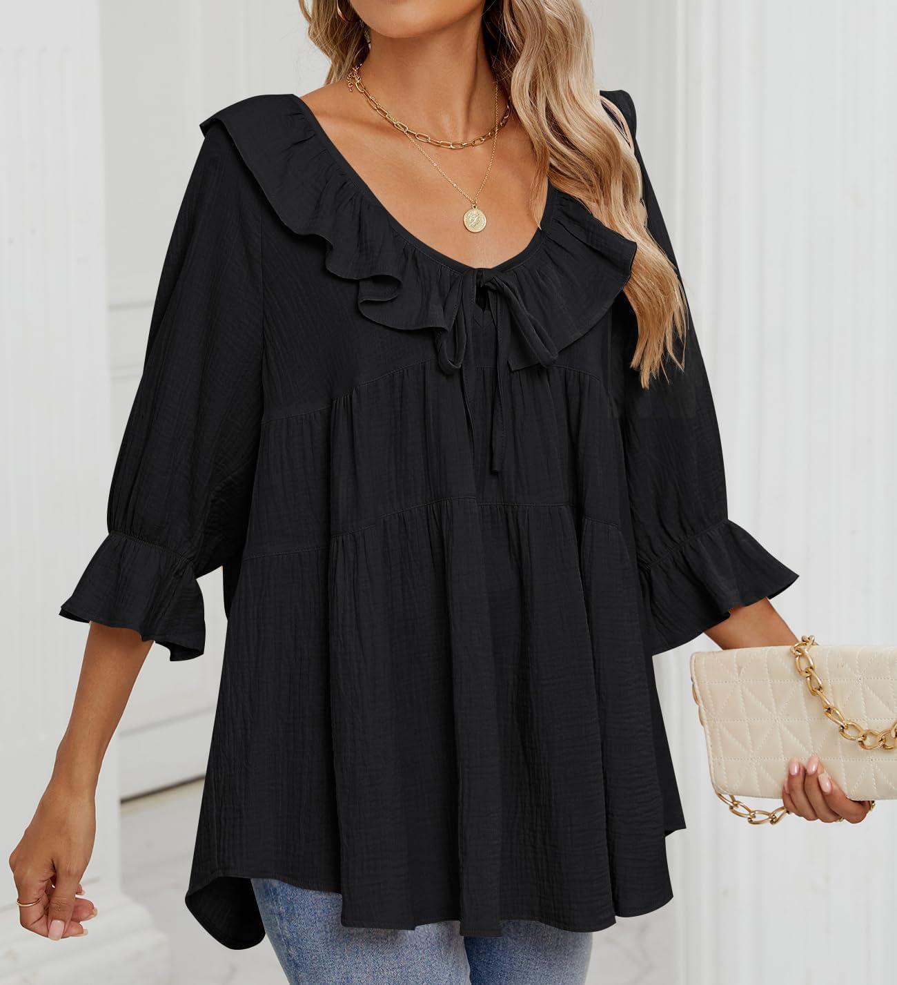 imageZESICA Womens Scoop Neck 34 Length Sleeve Tops 2026 Casual Tie Front Ruffle Tiered Loose Tunic Shirts Blouses Fall OutfitsBlack