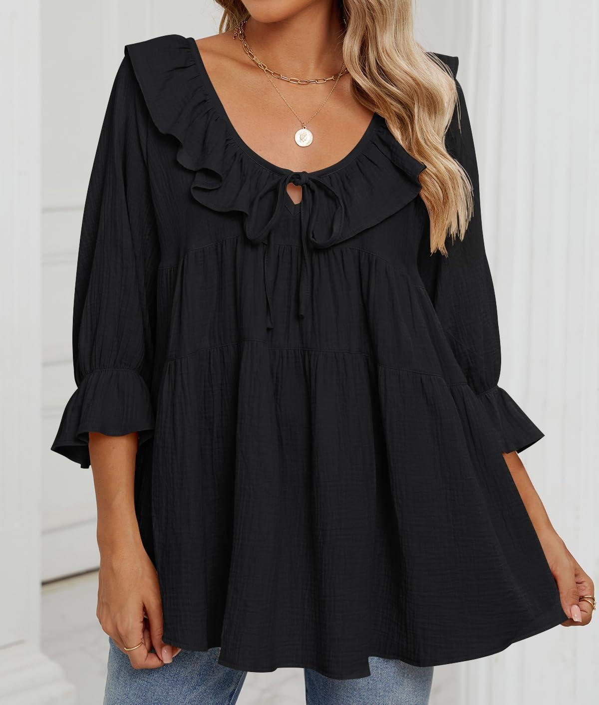 imageZESICA Womens Scoop Neck 34 Length Sleeve Tops 2026 Casual Tie Front Ruffle Tiered Loose Tunic Shirts Blouses Fall OutfitsBlack