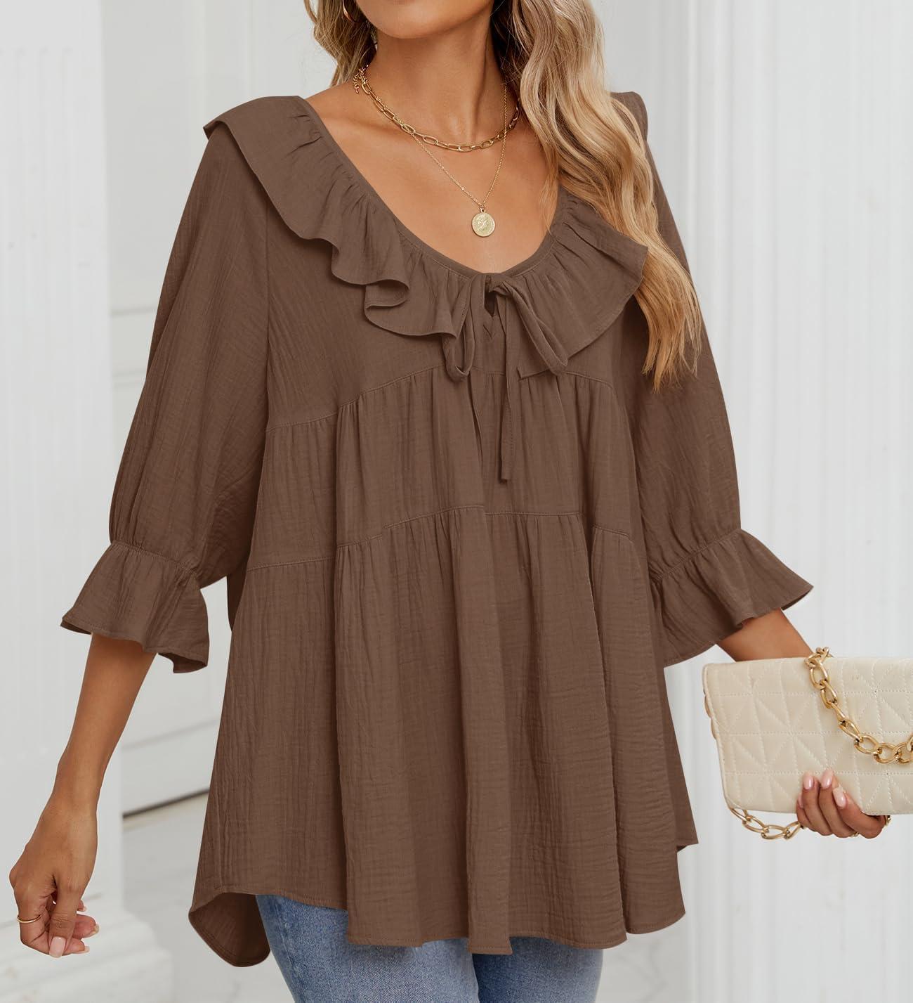 imageZESICA Womens Scoop Neck 34 Length Sleeve Tops 2026 Casual Tie Front Ruffle Tiered Loose Tunic Shirts Blouses Fall OutfitsBrown