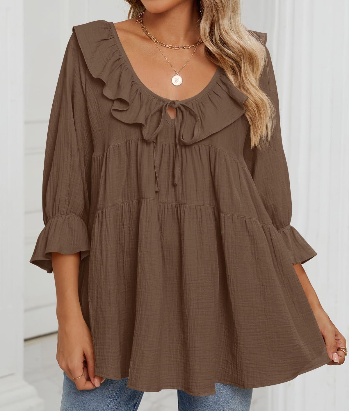 imageZESICA Womens Scoop Neck 34 Length Sleeve Tops 2026 Casual Tie Front Ruffle Tiered Loose Tunic Shirts Blouses Fall OutfitsBrown
