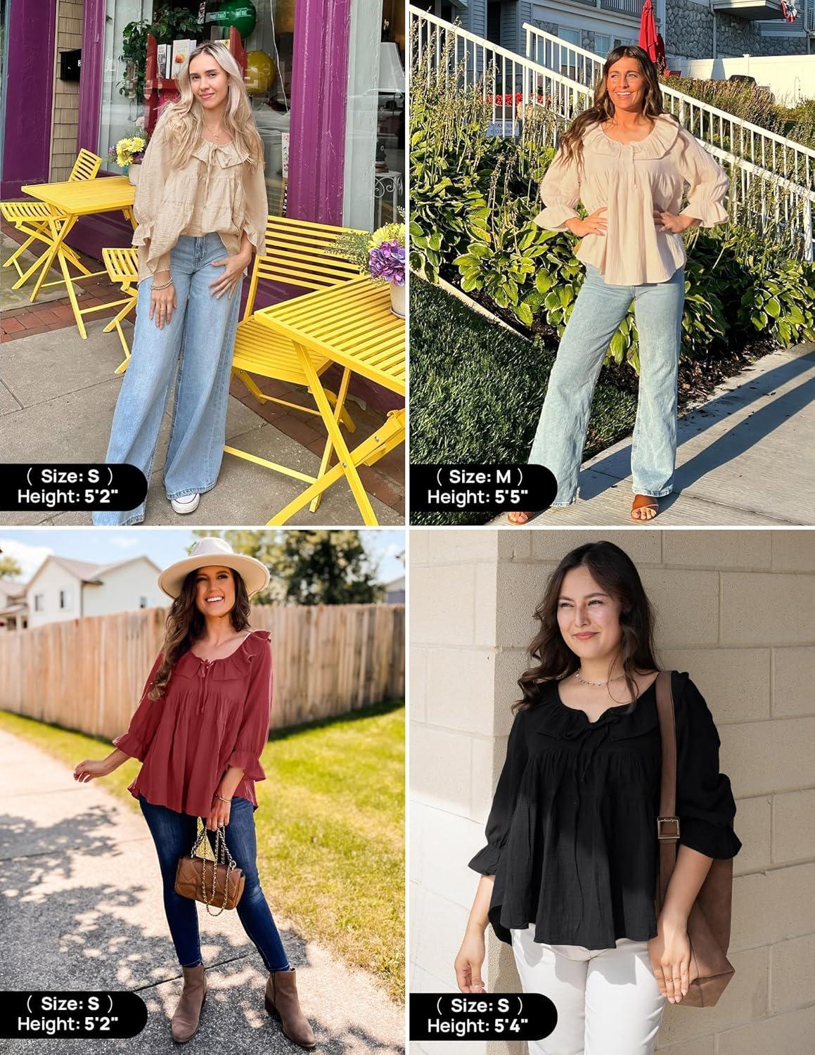 imageZESICA Womens Scoop Neck 34 Length Sleeve Tops 2026 Casual Tie Front Ruffle Tiered Loose Tunic Shirts Blouses Fall OutfitsBrown