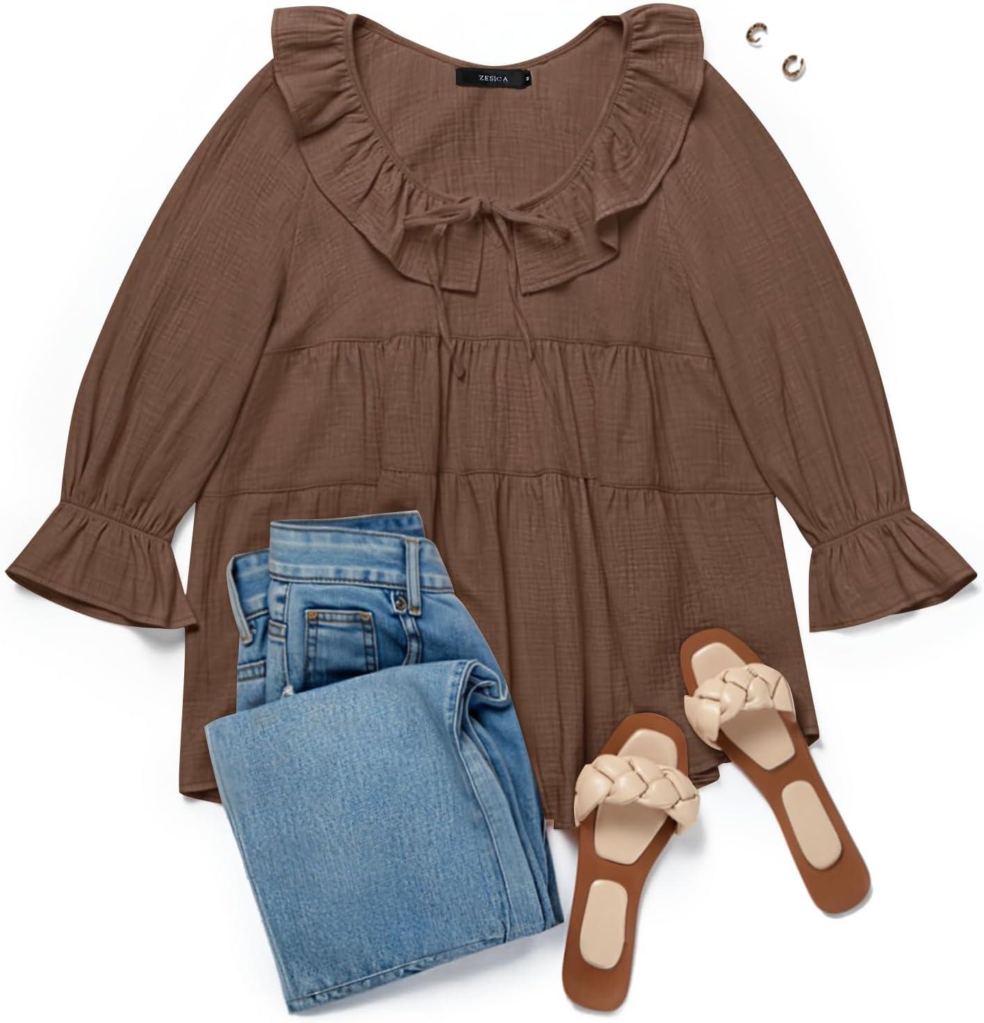 imageZESICA Womens Scoop Neck 34 Length Sleeve Tops 2026 Casual Tie Front Ruffle Tiered Loose Tunic Shirts Blouses Fall OutfitsBrown