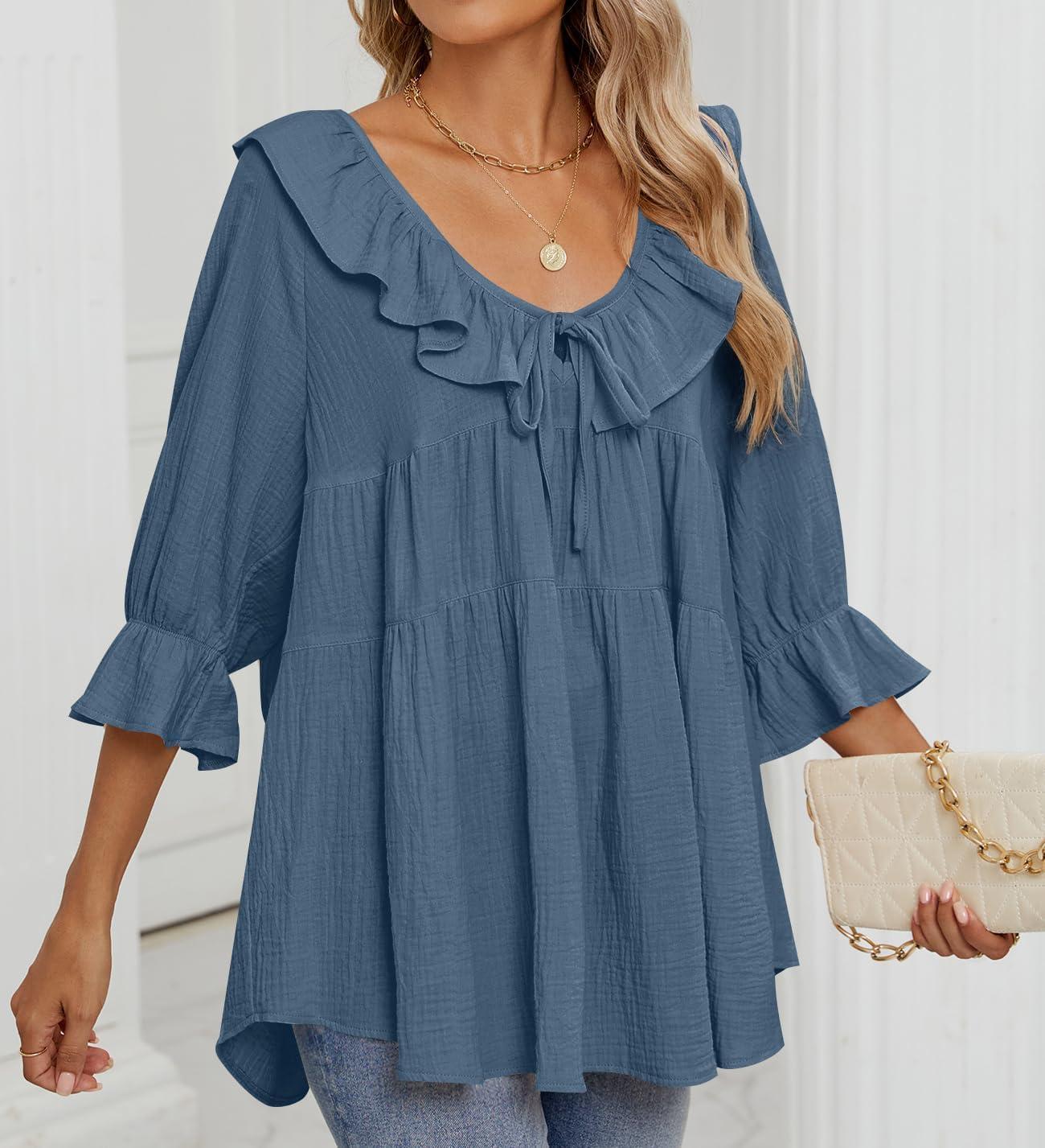 imageZESICA Womens Scoop Neck 34 Length Sleeve Tops 2026 Casual Tie Front Ruffle Tiered Loose Tunic Shirts Blouses Fall OutfitsDusty Blue