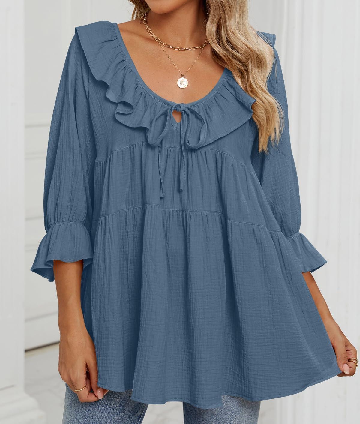 imageZESICA Womens Scoop Neck 34 Length Sleeve Tops 2026 Casual Tie Front Ruffle Tiered Loose Tunic Shirts Blouses Fall OutfitsDusty Blue