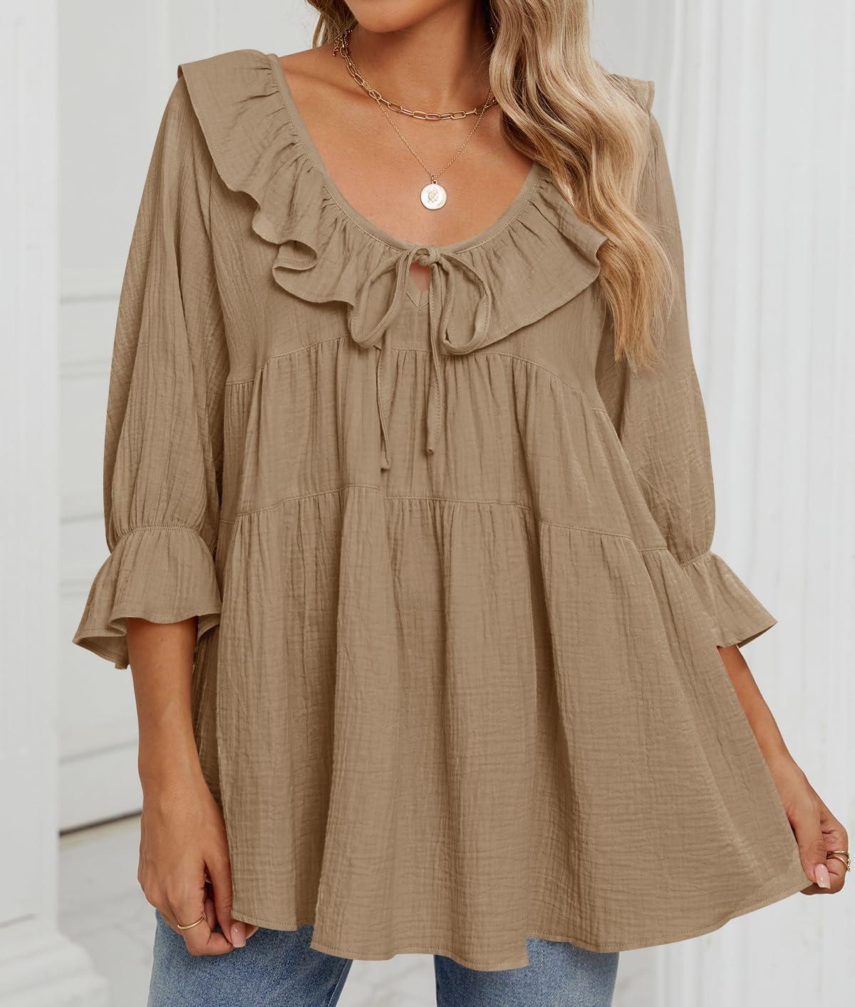 imageZESICA Womens Scoop Neck 34 Length Sleeve Tops 2026 Casual Tie Front Ruffle Tiered Loose Tunic Shirts Blouses Fall OutfitsKhaki