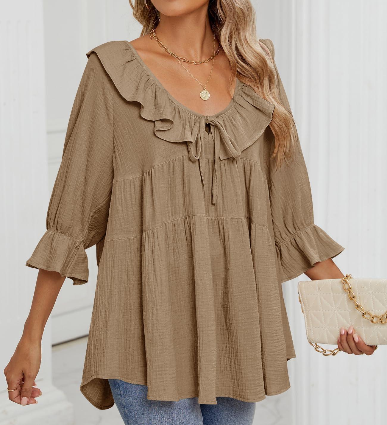 imageZESICA Womens Scoop Neck 34 Length Sleeve Tops 2026 Casual Tie Front Ruffle Tiered Loose Tunic Shirts Blouses Fall OutfitsKhaki