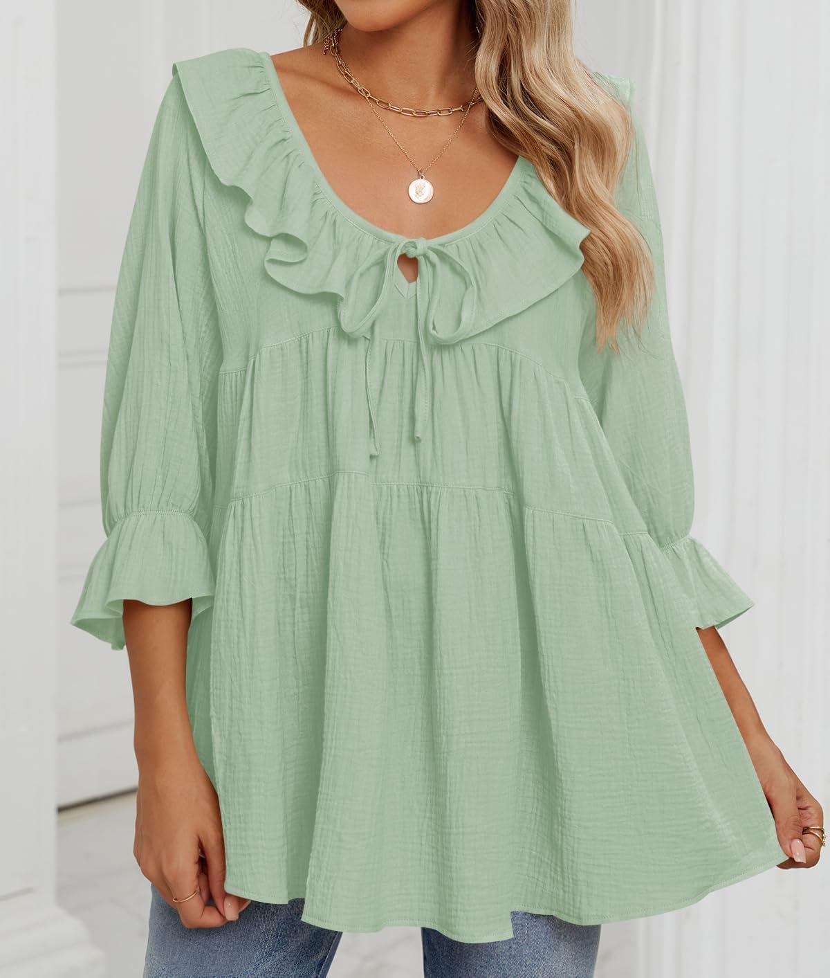 imageZESICA Womens Scoop Neck 34 Length Sleeve Tops 2026 Casual Tie Front Ruffle Tiered Loose Tunic Shirts Blouses Fall OutfitsMint Green