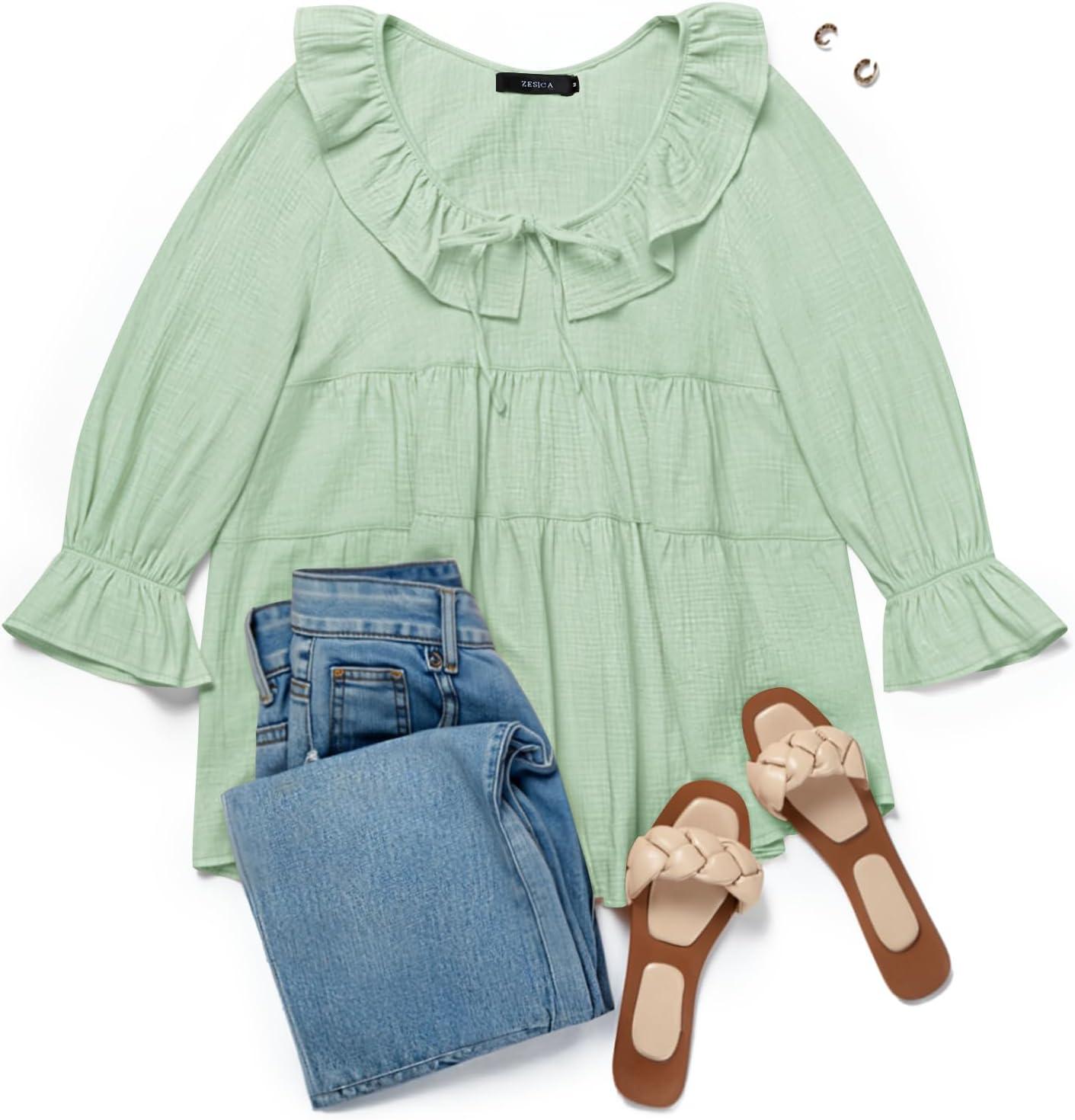 imageZESICA Womens Scoop Neck 34 Length Sleeve Tops 2026 Casual Tie Front Ruffle Tiered Loose Tunic Shirts Blouses Fall OutfitsMint Green