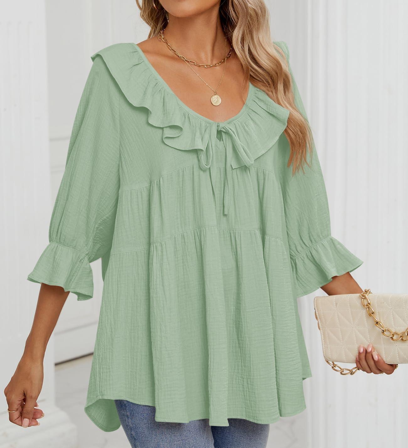 imageZESICA Womens Scoop Neck 34 Length Sleeve Tops 2026 Casual Tie Front Ruffle Tiered Loose Tunic Shirts Blouses Fall OutfitsMint Green